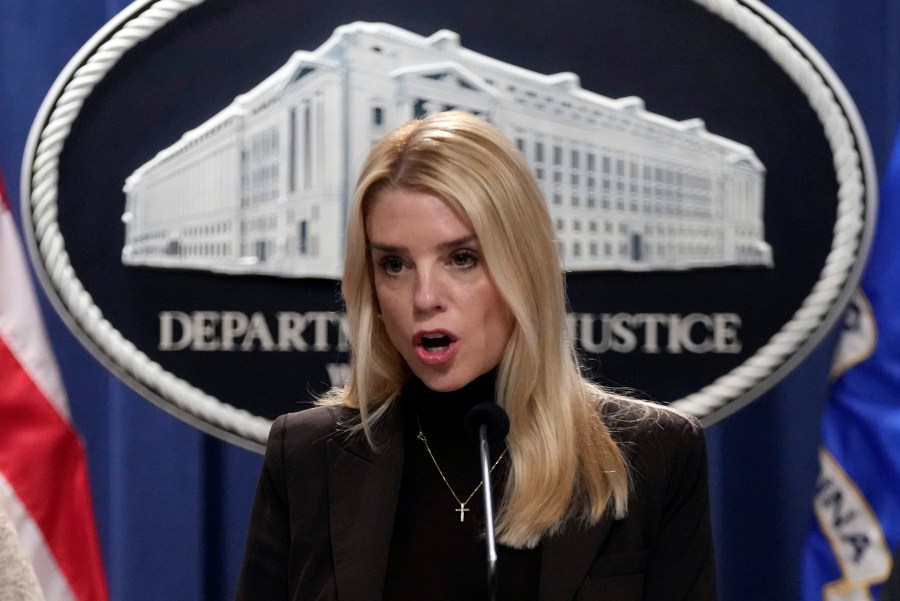 FILE - Attorney General Pam Bondi speaks at a news conference at the Justice Department, Feb. 12, 2025, in Washington. (AP Photo/Ben Curtis, File)