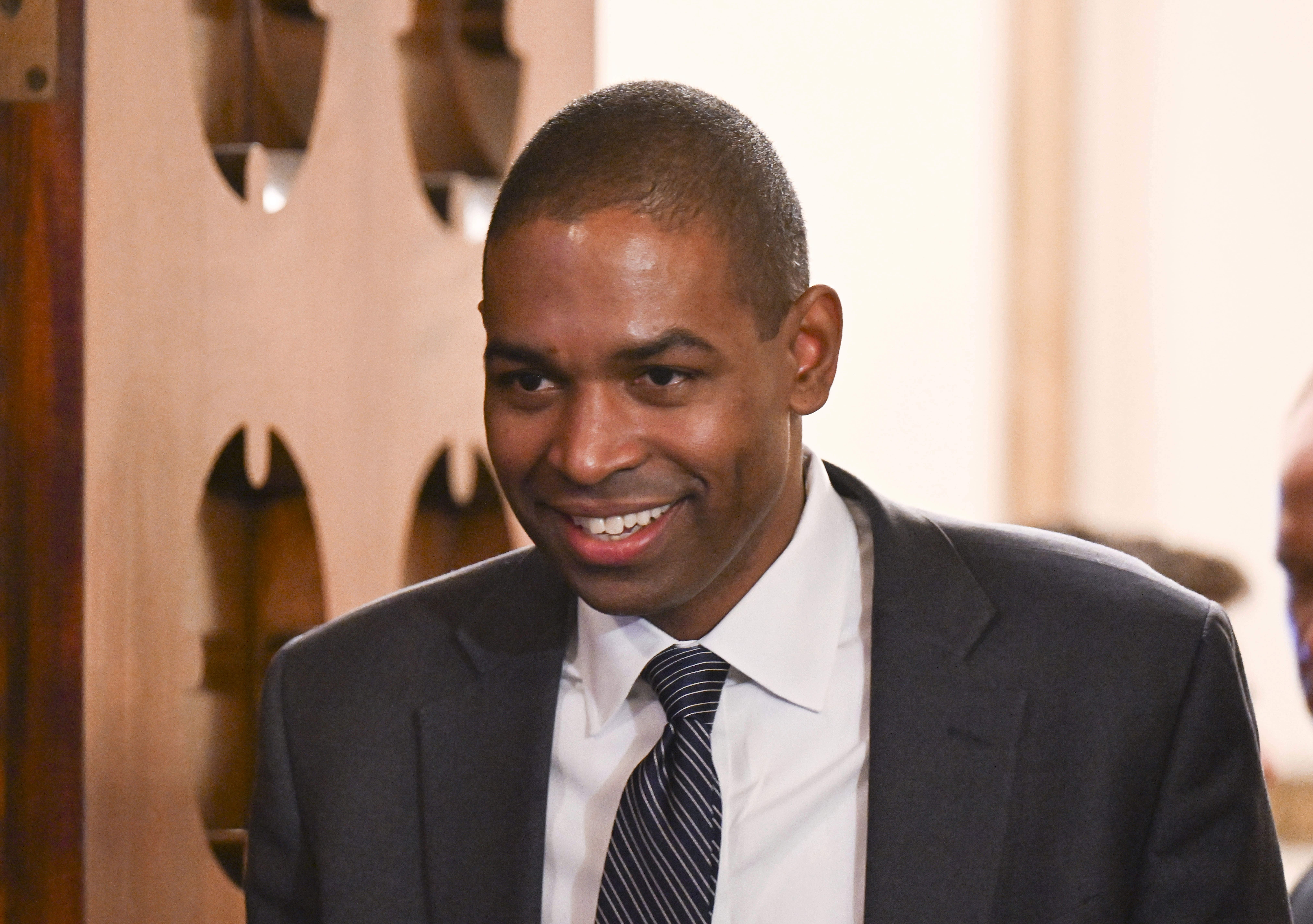 FILE - New York Lt. Gov. Antonio Delgado arrives to listen to Gov. Kathy Hochul present her 2025 executive state budget in the Red Room at the state Capitol, Jan. 16, 2024, in Albany, N.Y. (AP Photo/Hans Pennink, File)