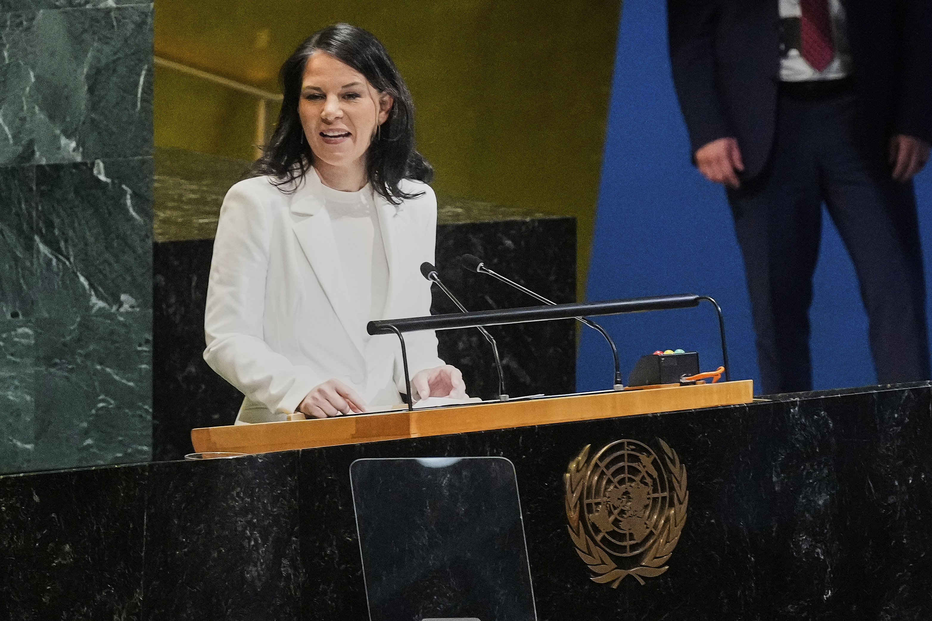 Annalena Baerbock of Germany addresses the United Nations General Assembly after she was elected as president of the 80th session of the body, Monday, June 2, 2025. (AP Photo/Richard Drew)