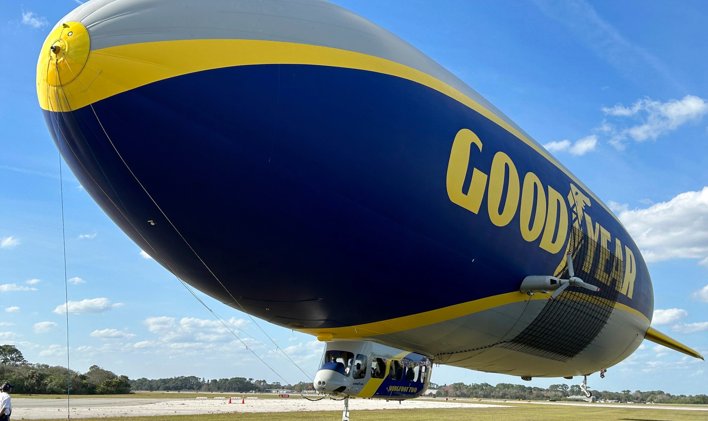 FILE - The Goodyear Blimp is prepared for takeoff, Wednesday, Feb. 12, 2025, in New Smyrna Beach, Fla. (AP Photo/Mark Long, File)