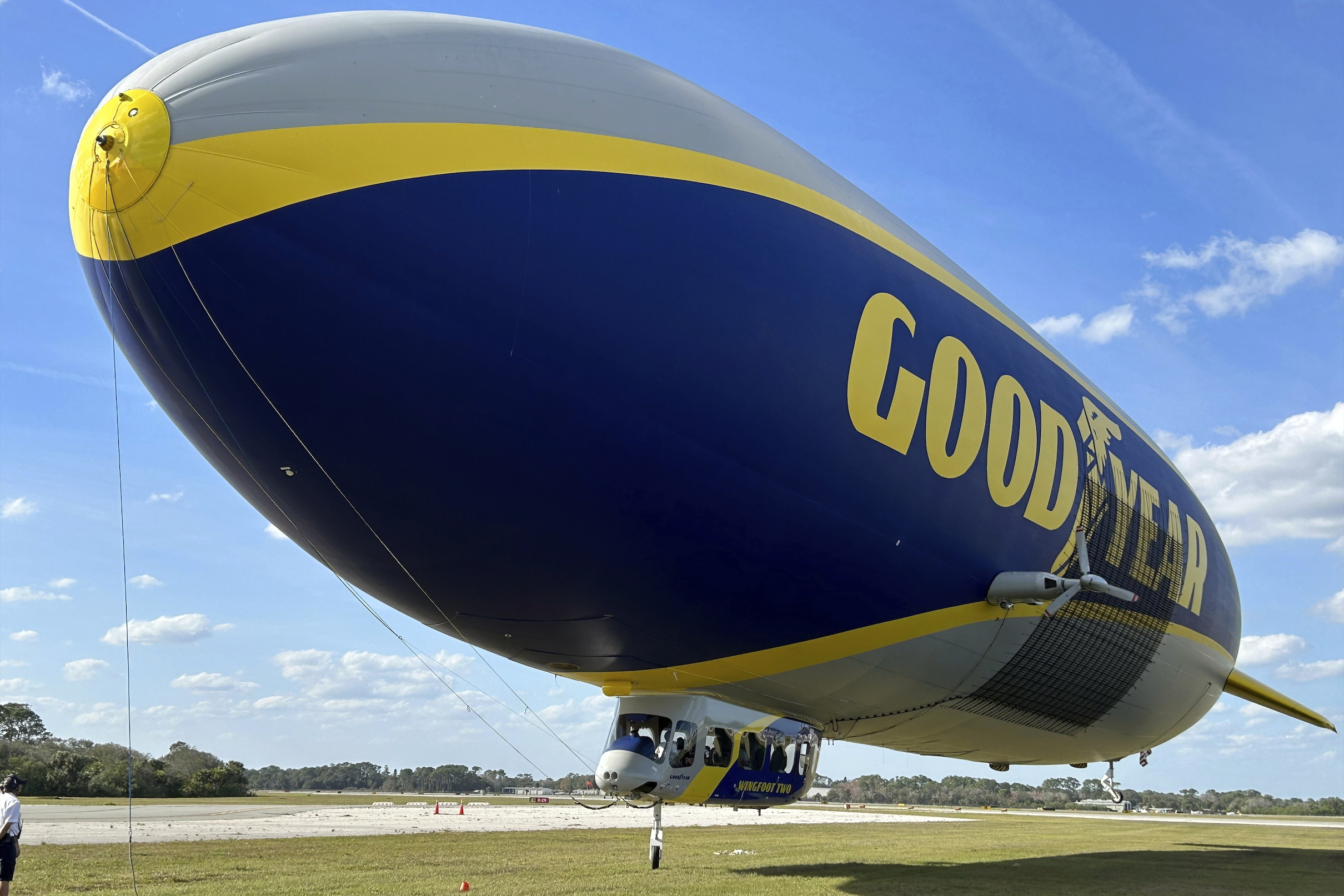 FILE - The Goodyear Blimp is prepared for takeoff, Wednesday, Feb. 12, 2025, in New Smyrna Beach, Fla. (AP Photo/Mark Long, File)