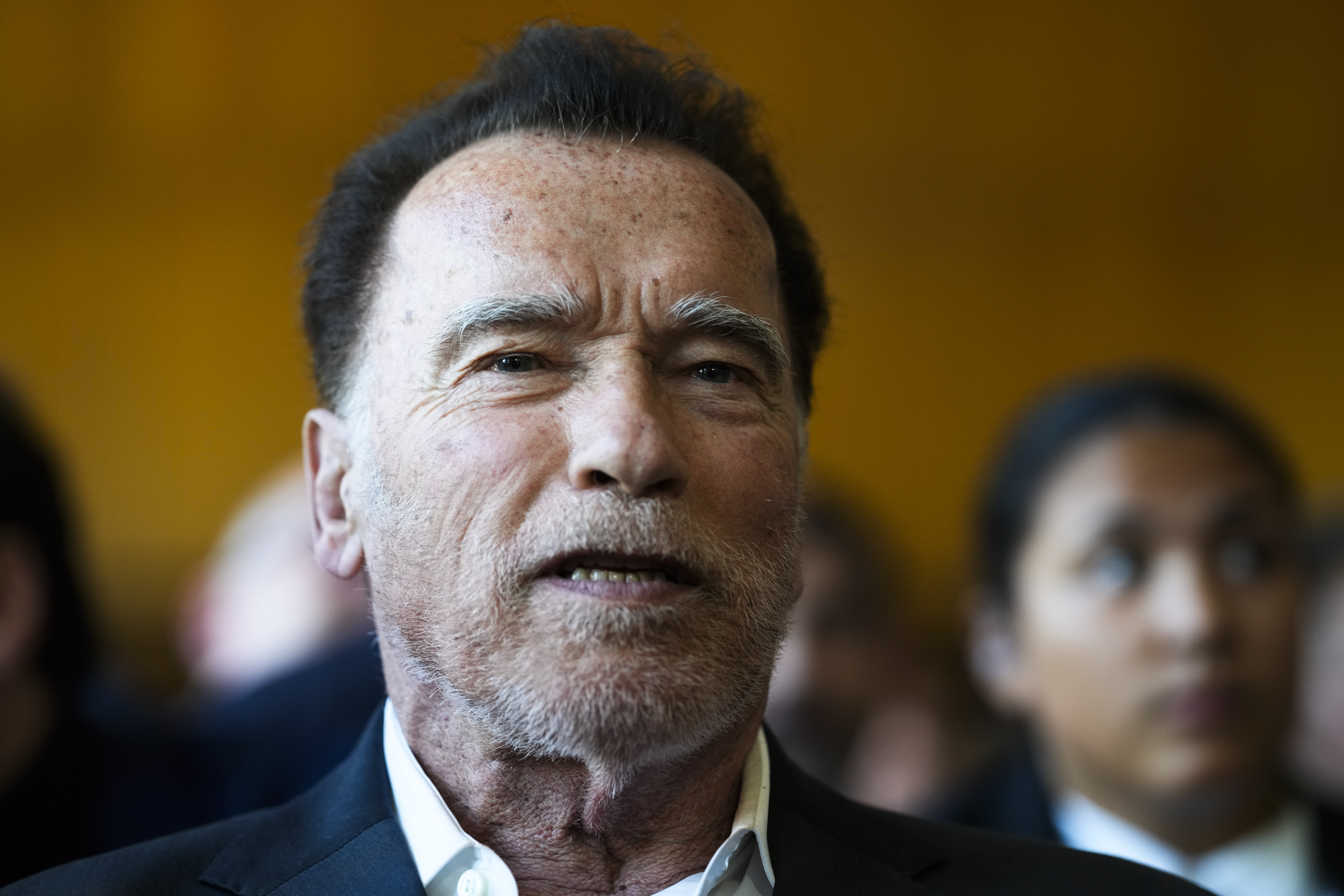 FILE - Former California Gov. and actor Arnold Schwarzenegger, center, arrives for a ceremony to receive a honorary doctorate by the Hertie School, a university of governance, in Berlin, Germany, Tuesday, Sept. 17, 2024. (AP Photo/Markus Schreiber, File)