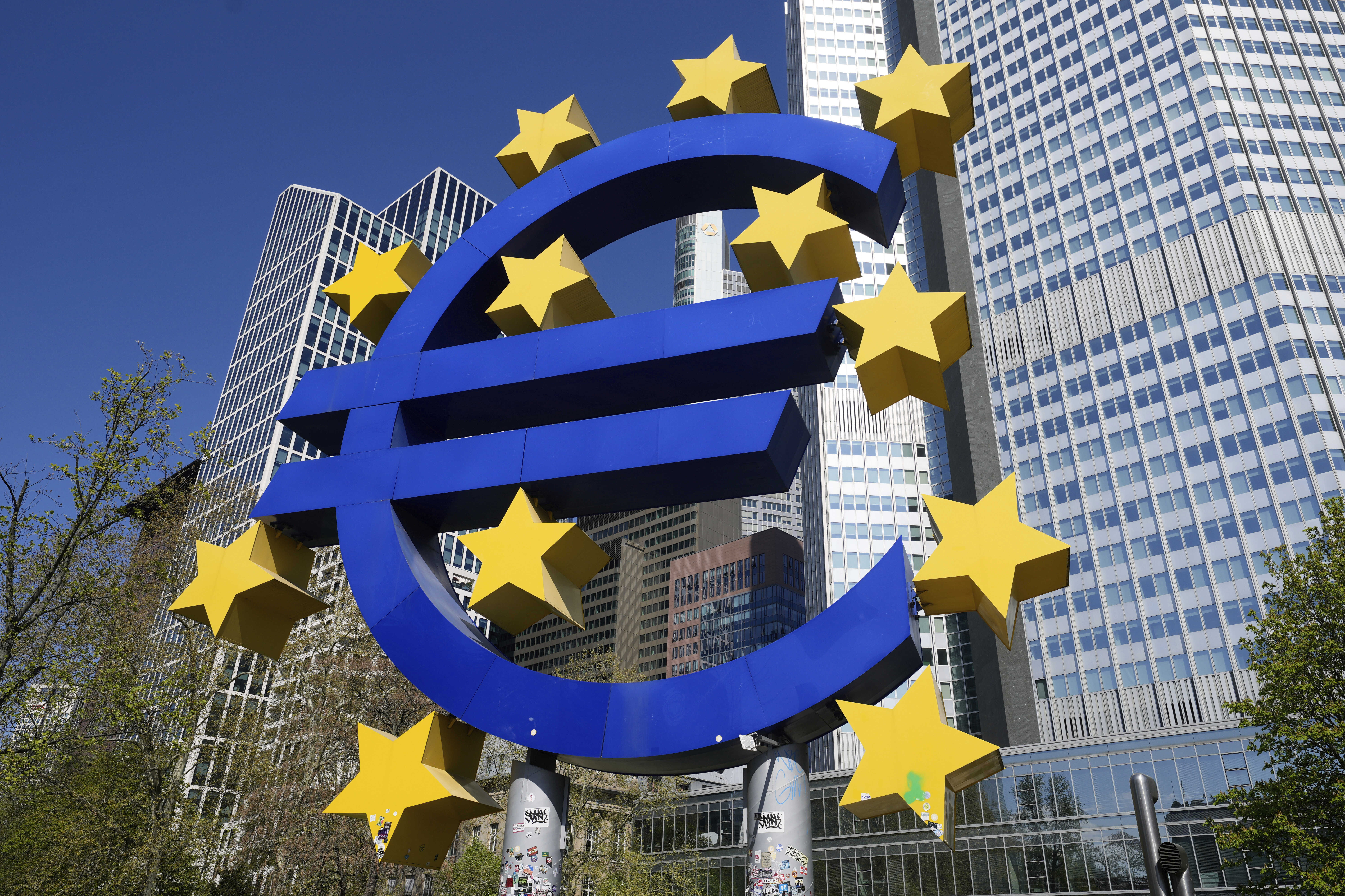 FILE - A view of the European currency Euro sculpture, at Germany's main financial district in Frankfurt, Germany, Wednesday, April 9, 2025. (AP Photo/Martin Meissner, File)