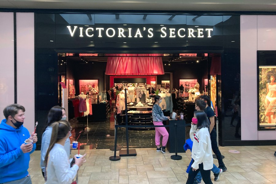 FILE - Shoppers pass a Victoria's Secret store at a shopping mall in Scranton, Pa., May 3, 2021. (AP Photo/Ted Shaffrey, file)