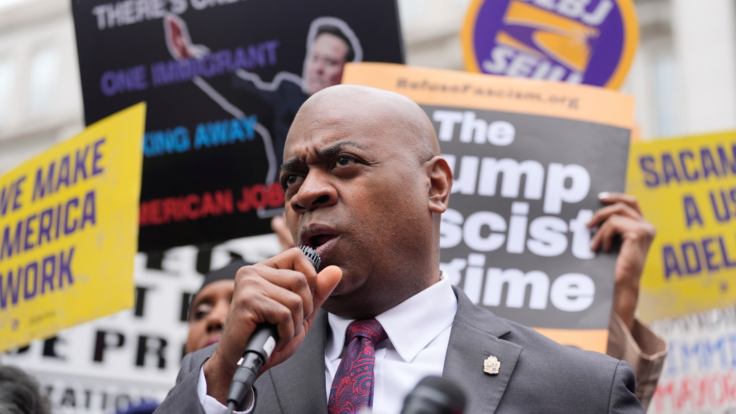 Mayor Ras Baraka speaks to supporters and media after a court appearance in Newark, N.J., Thursday, May 15, 2025. (AP Photo/Seth Wenig)