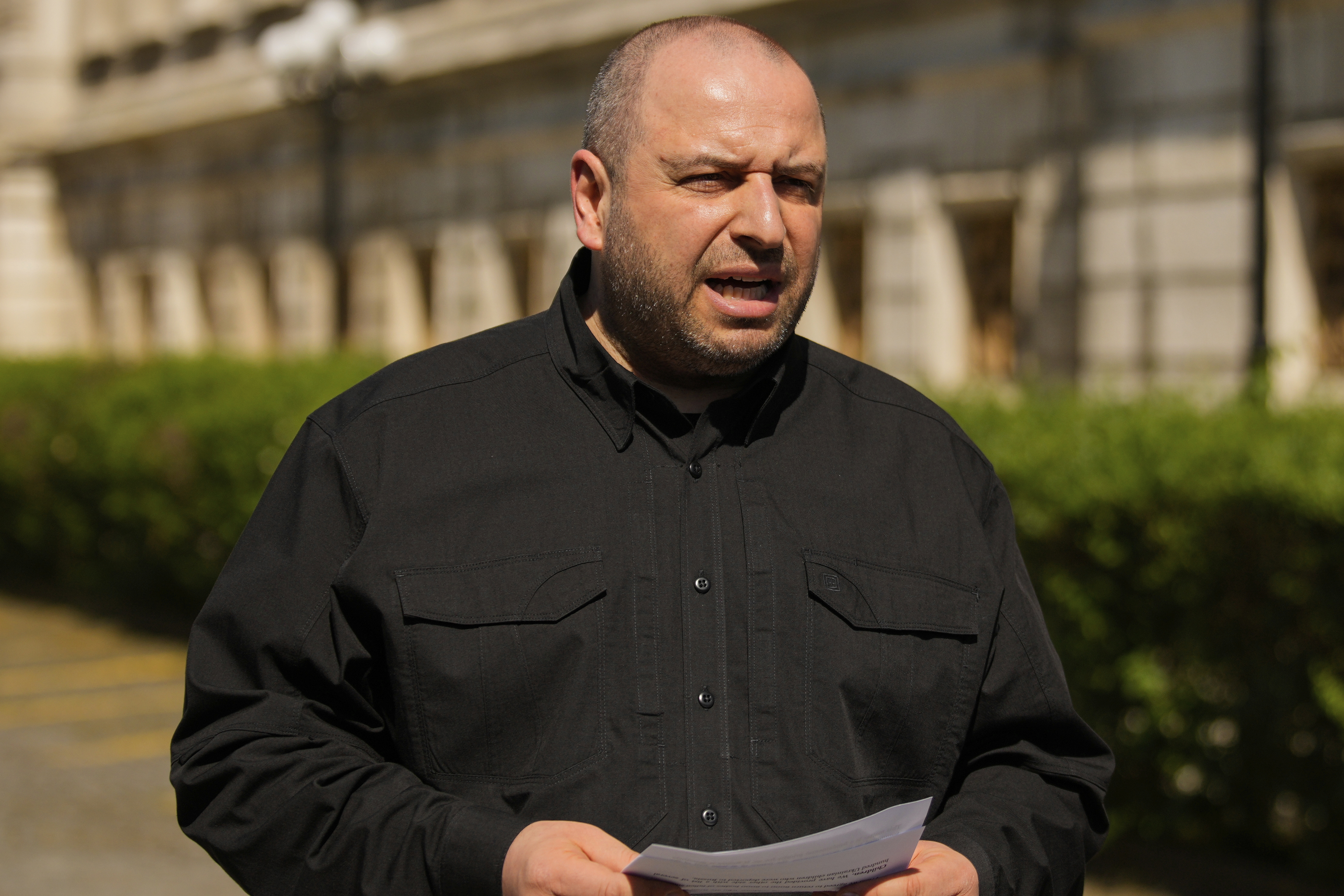 FILE - Ukrainian Defense Minister Rustem Umerov speaks to the media at the Ciragan Palace following the Ukraine-Russia peace talks in Istanbul, Turkey, Monday, June 2, 2025. (AP Photo/Emrah Gurel, File)
