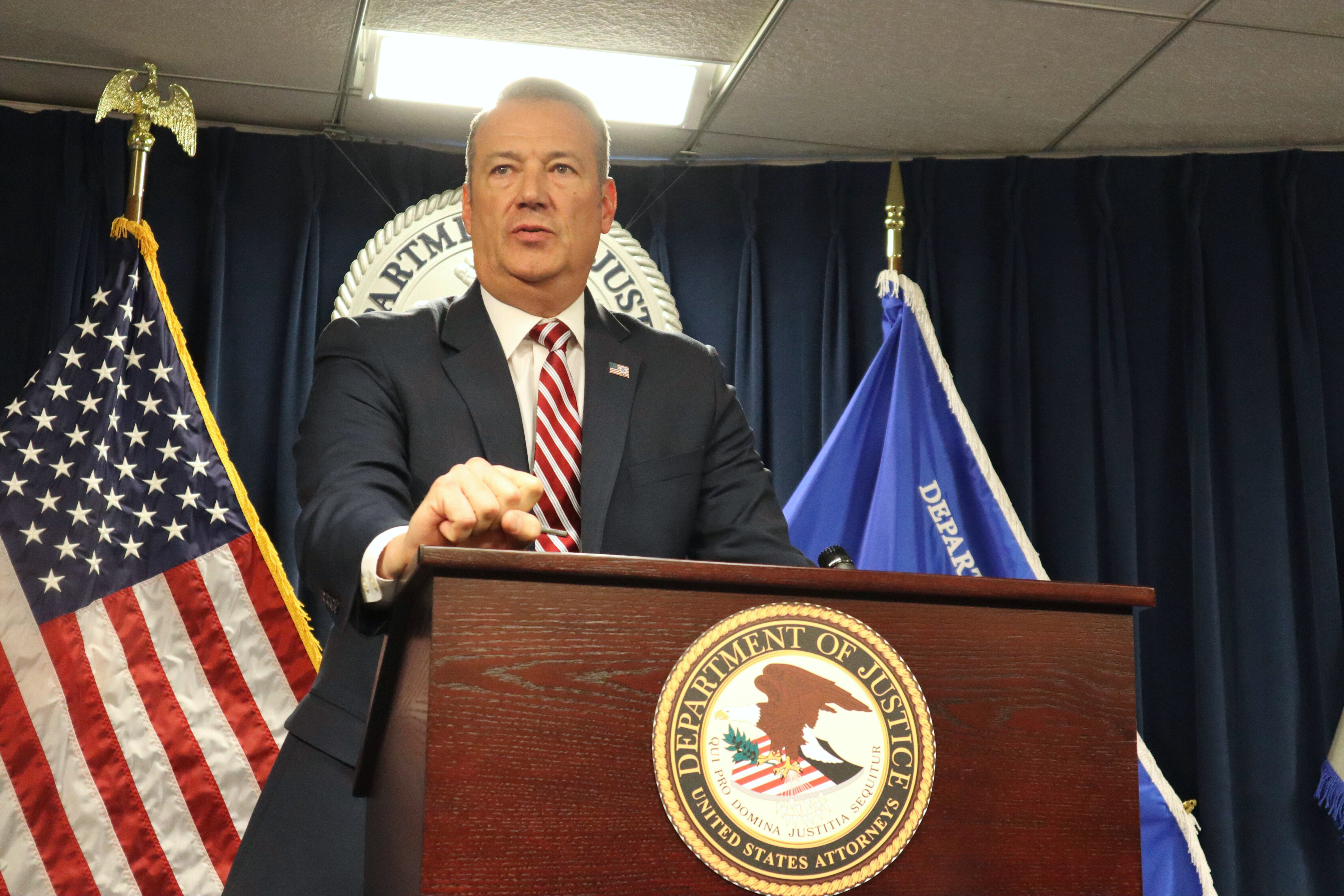 U.S. Immigration and Customs Enforcement Acting Director Todd Lyons announces that his agency took nearly 1,500 immigrants into custody in Massachusetts over the month of May during a news conference at the John Joseph Moakley U.S. Courthouse in Boston, Monday, June 2, 2025. (AP Photo/Leah Willingham)