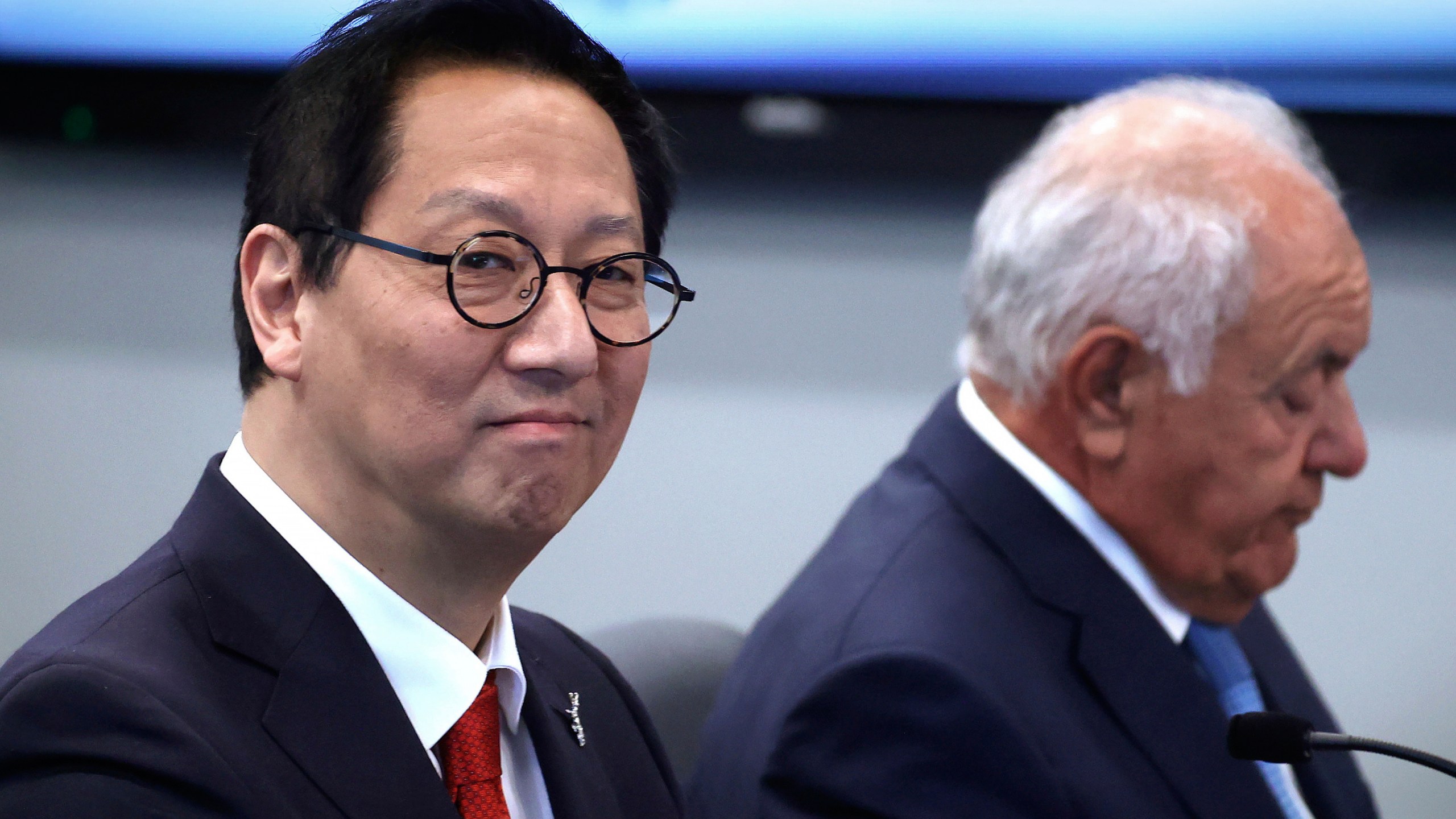 University of Florida president-elect Santa Ono, left, with Mori Hosseini, right, chairman of the UF Board of Trustees, during a meeting of the Florida Board of Governors to vote on Ono becoming Florida's 14th president at the University of Central Florida's downtown campus in Orlando, Fla., Tuesday, June 3, 2025. (Joe Burbank/Orlando Sentinel via AP)