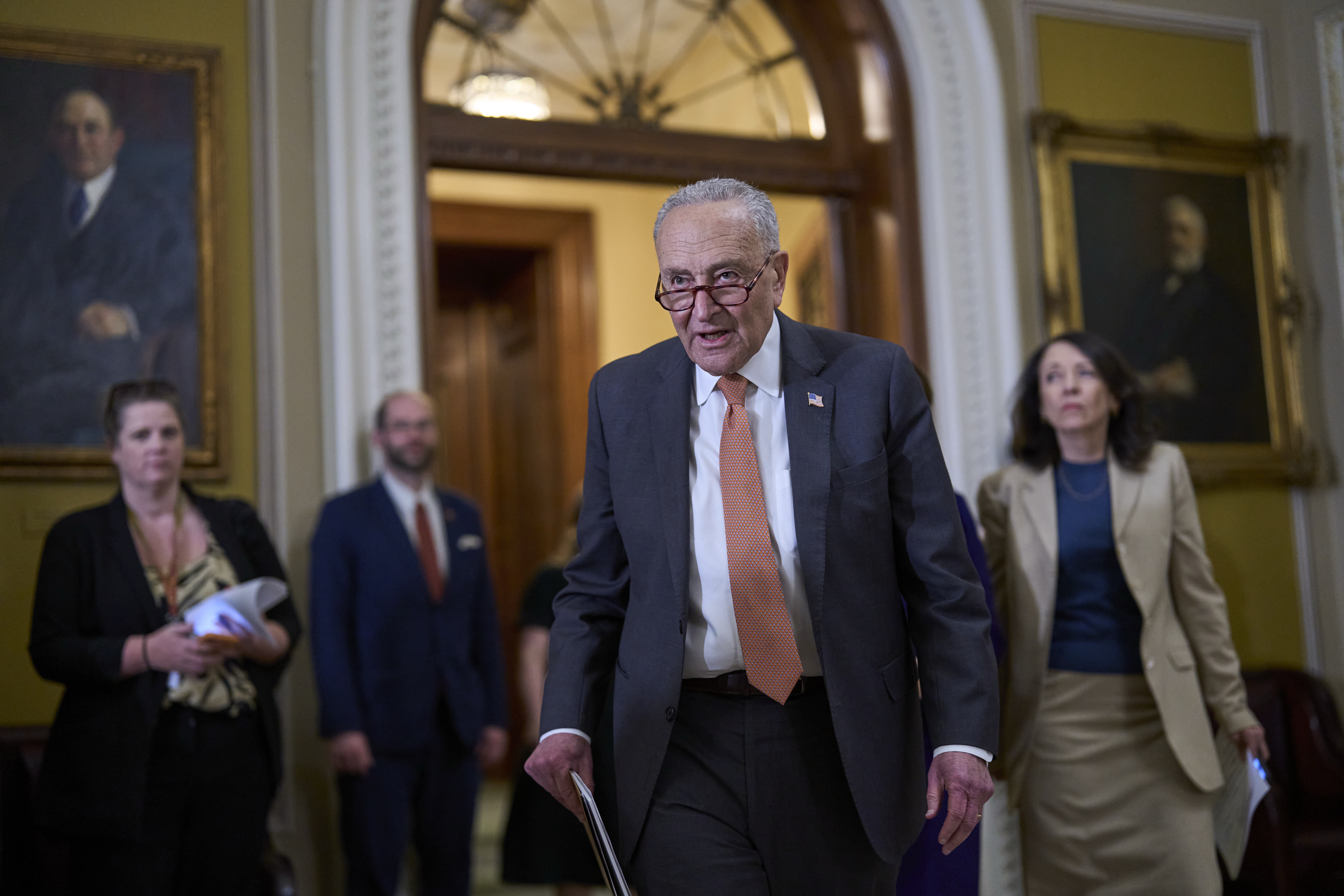 Senate Minority Leader Chuck Schumer, D-N.Y., arrives for a news conference where he commented on Elon Musk's criticism of President Donald Trump's spending and tax bill, at the Capitol in Washington, Tuesday, June 3, 2025. (AP Photo/J. Scott Applewhite)