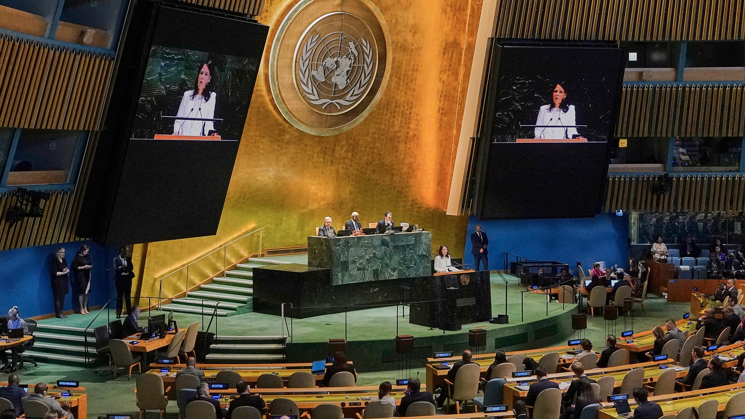 Annalena Baerbock of Germany addresses the United Nations General Assembly after she was elected as president of the 80th session of the body, Monday, June 2, 2025. (AP Photo/Richard Drew)
