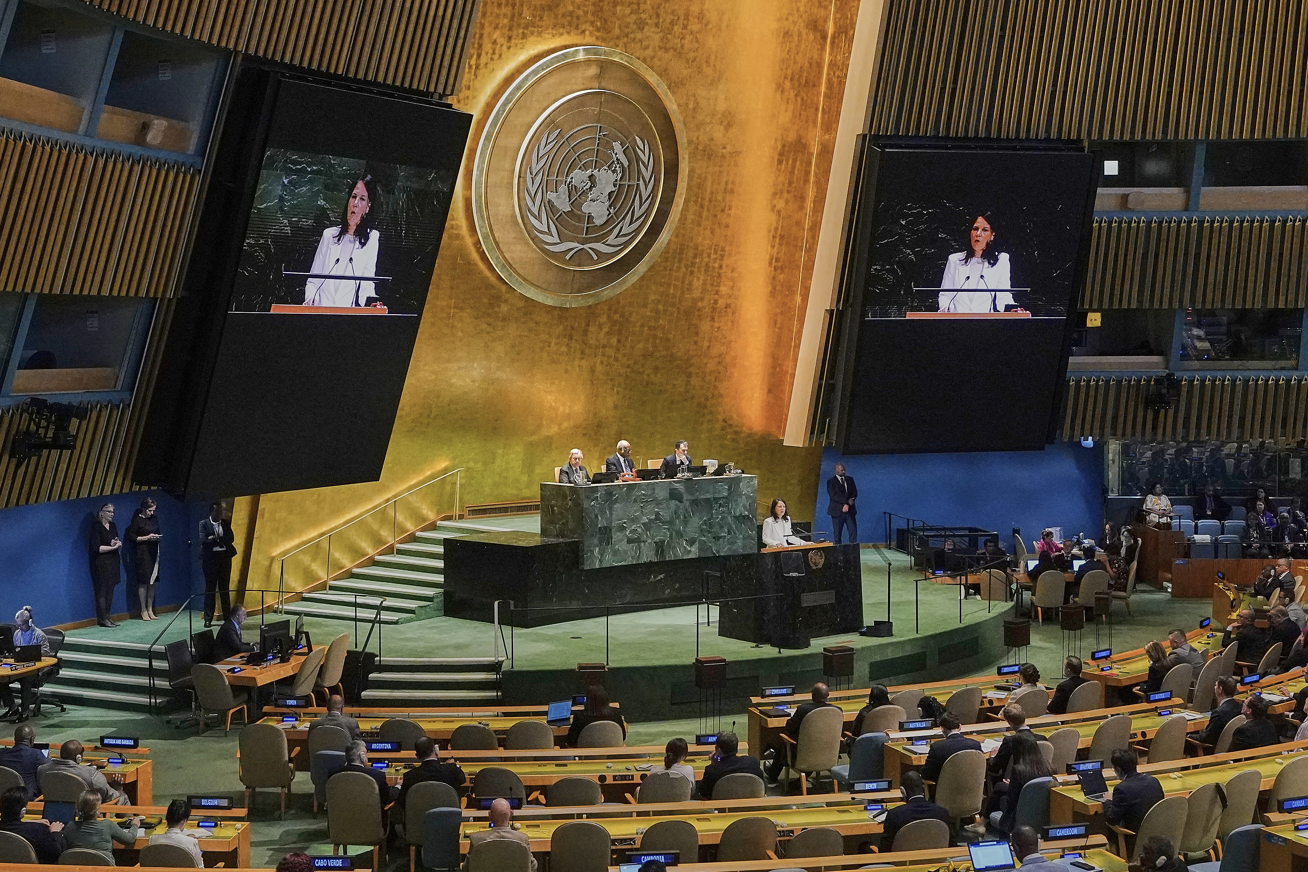Annalena Baerbock of Germany addresses the United Nations General Assembly after she was elected as president of the 80th session of the body, Monday, June 2, 2025. (AP Photo/Richard Drew)