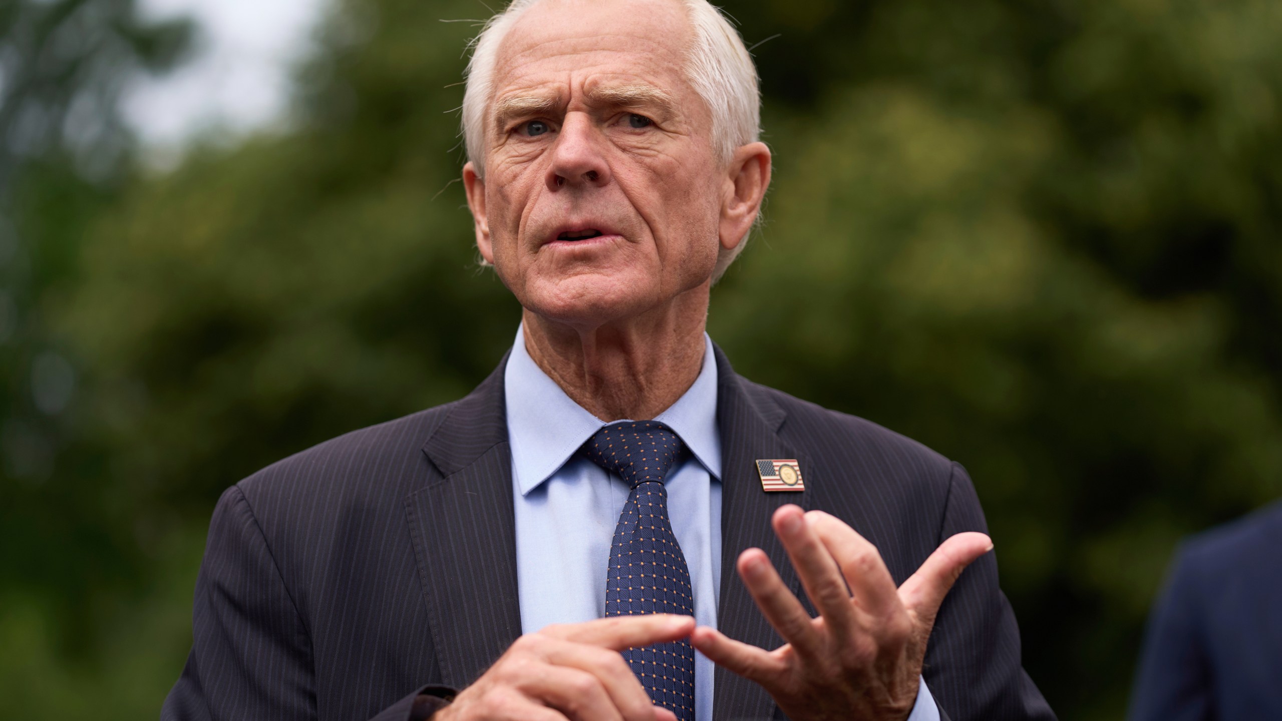 White House trade counselor Peter Navarro speaks with reporters at the White House, Thursday, May 29, 2025, in Washington. (AP Photo/Evan Vucci)