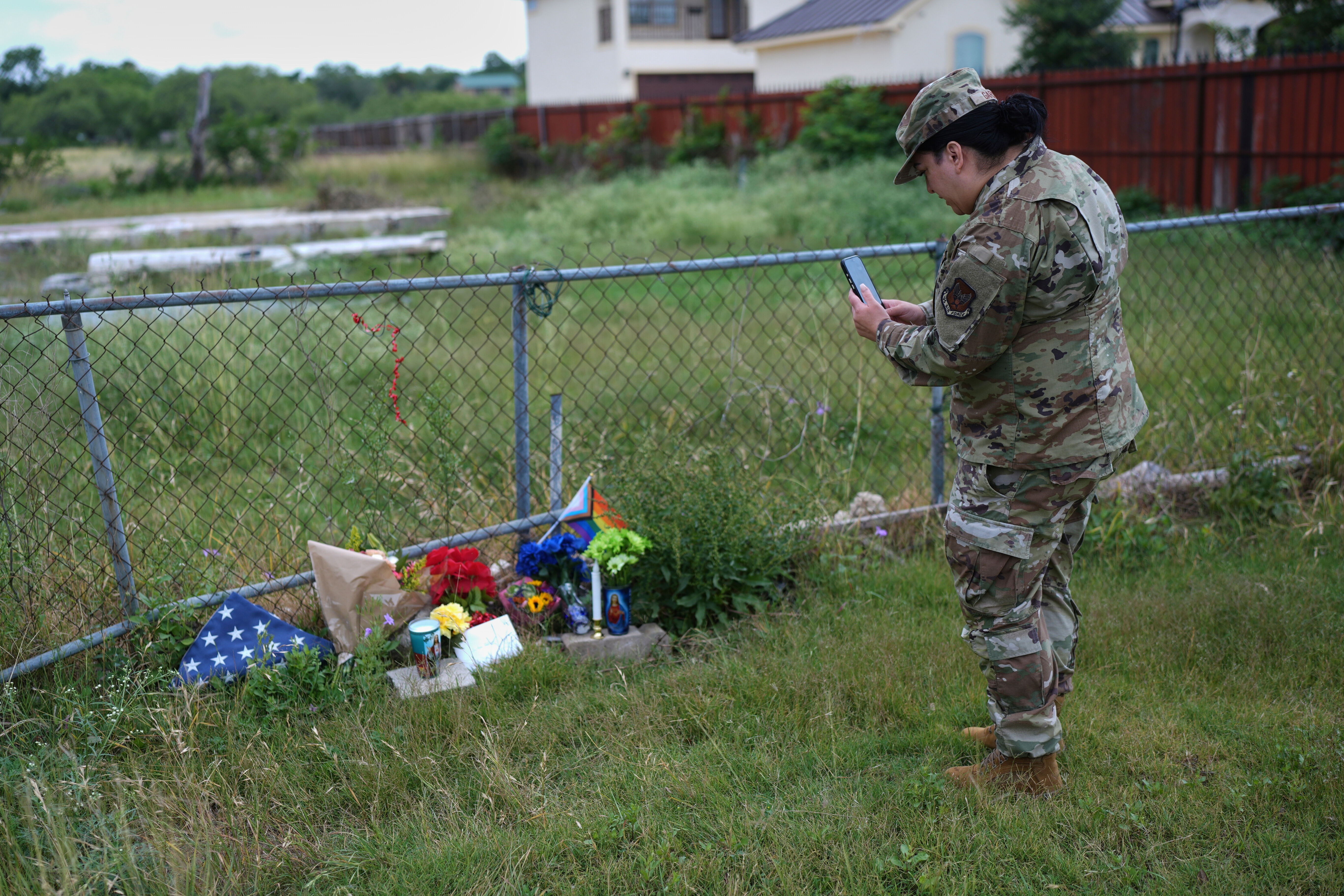 Candles, flowers, and notes make up make-shift memorial for voice actor Jonathan Joss who was recently killed, Tuesday, June 3, 2025, in San Antonio. (AP Photo/Eric Gay)