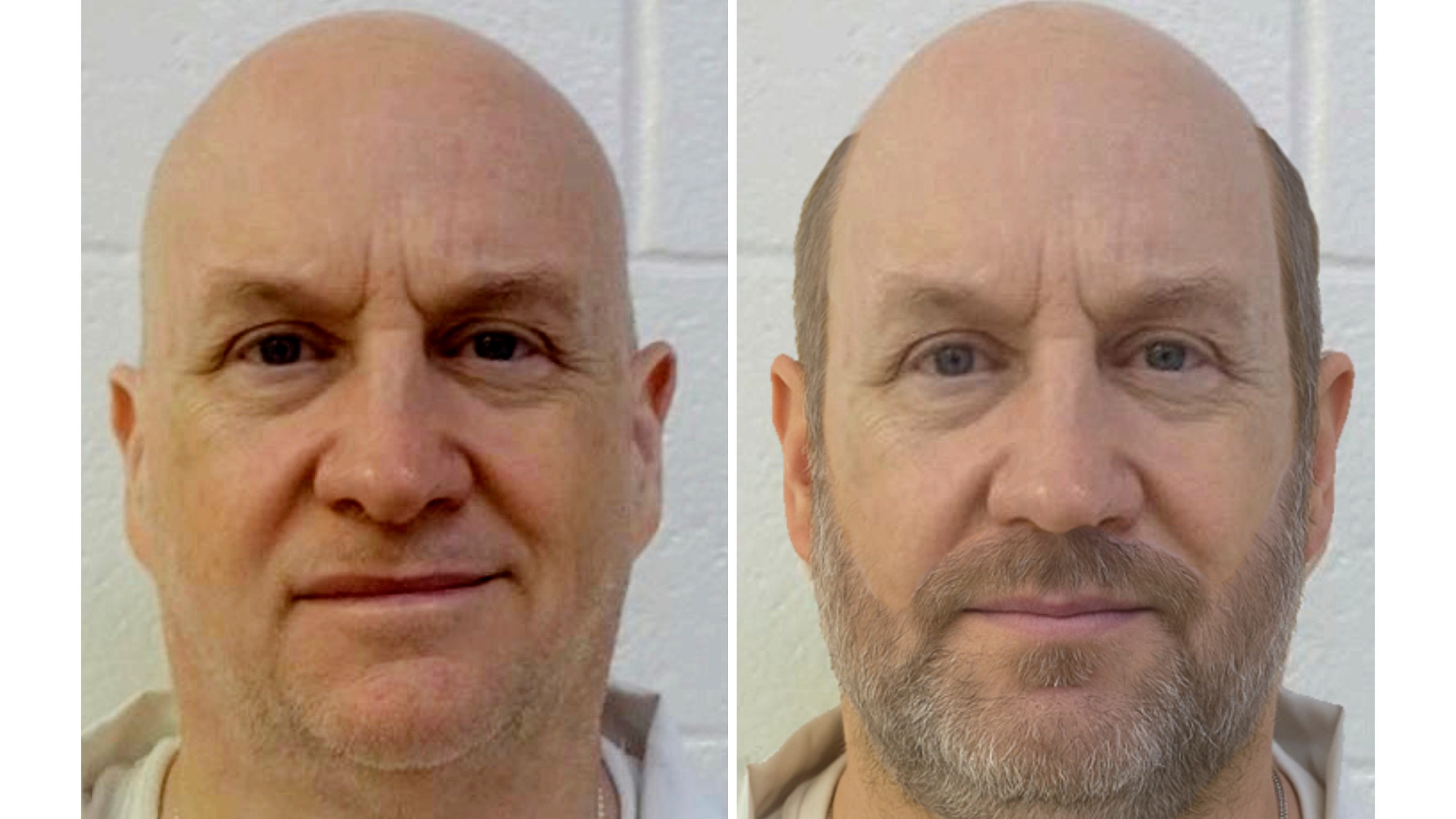 This combo of images provided by the Arkansas Department of Corrections shows an actual photo of inmate Grant Hardin, left, and a photo rendering of the convicted former police chief known as the “Devil in the Ozarks" as the search for the escaped inmate headed into its second week. (Arkansas Department of Corrections via AP)