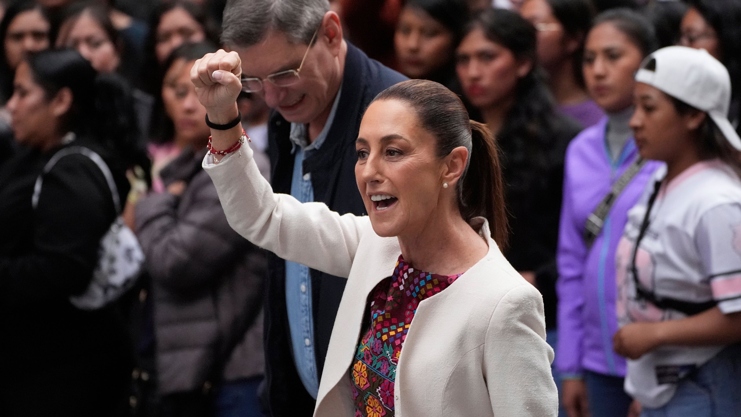 President Claudia Sheinbaum arrives at a polling station to vote in the country's first judicial elections, in Mexico City, June 1, 2025. (AP Photo/Marco Ugarte)