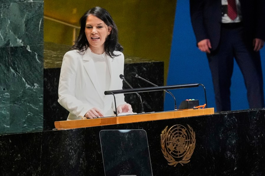 Annalena Baerbock of Germany addresses the United Nations General Assembly after she was elected as president of the 80th session of the body, Monday, June 2, 2025. (AP Photo/Richard Drew)