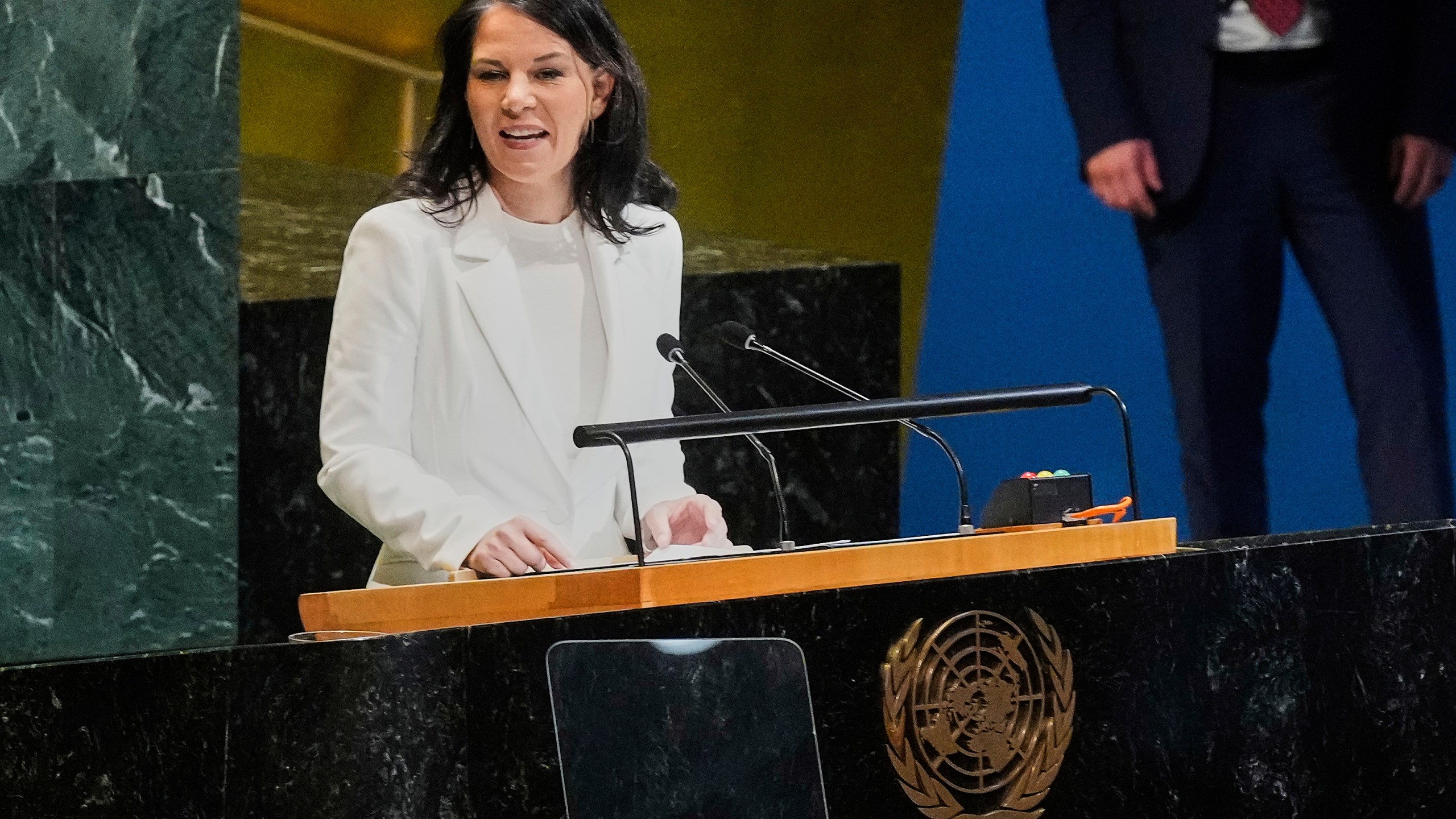 Annalena Baerbock of Germany addresses the United Nations General Assembly after she was elected as president of the 80th session of the body, Monday, June 2, 2025. (AP Photo/Richard Drew)