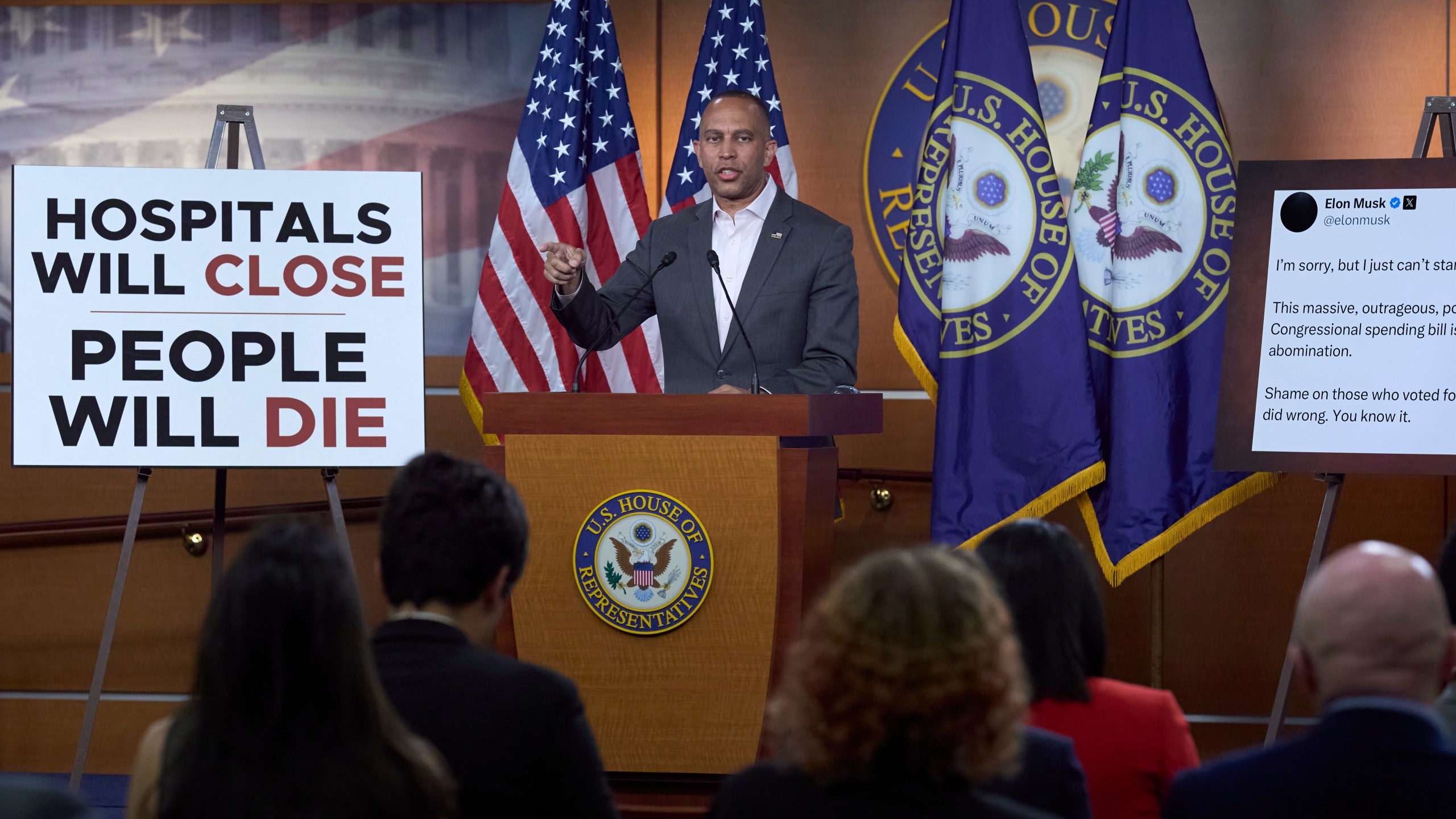 House Minority Leader Hakeem Jeffries, D-N.Y., tells reporters he agrees with Elon Musk's criticism of President Donald Trump's spending and tax bill, calling it a "disgusting abomination," during a news conference at the Capitol in Washington, Tuesday, June 3, 2025. (AP Photo/J. Scott Applewhite)