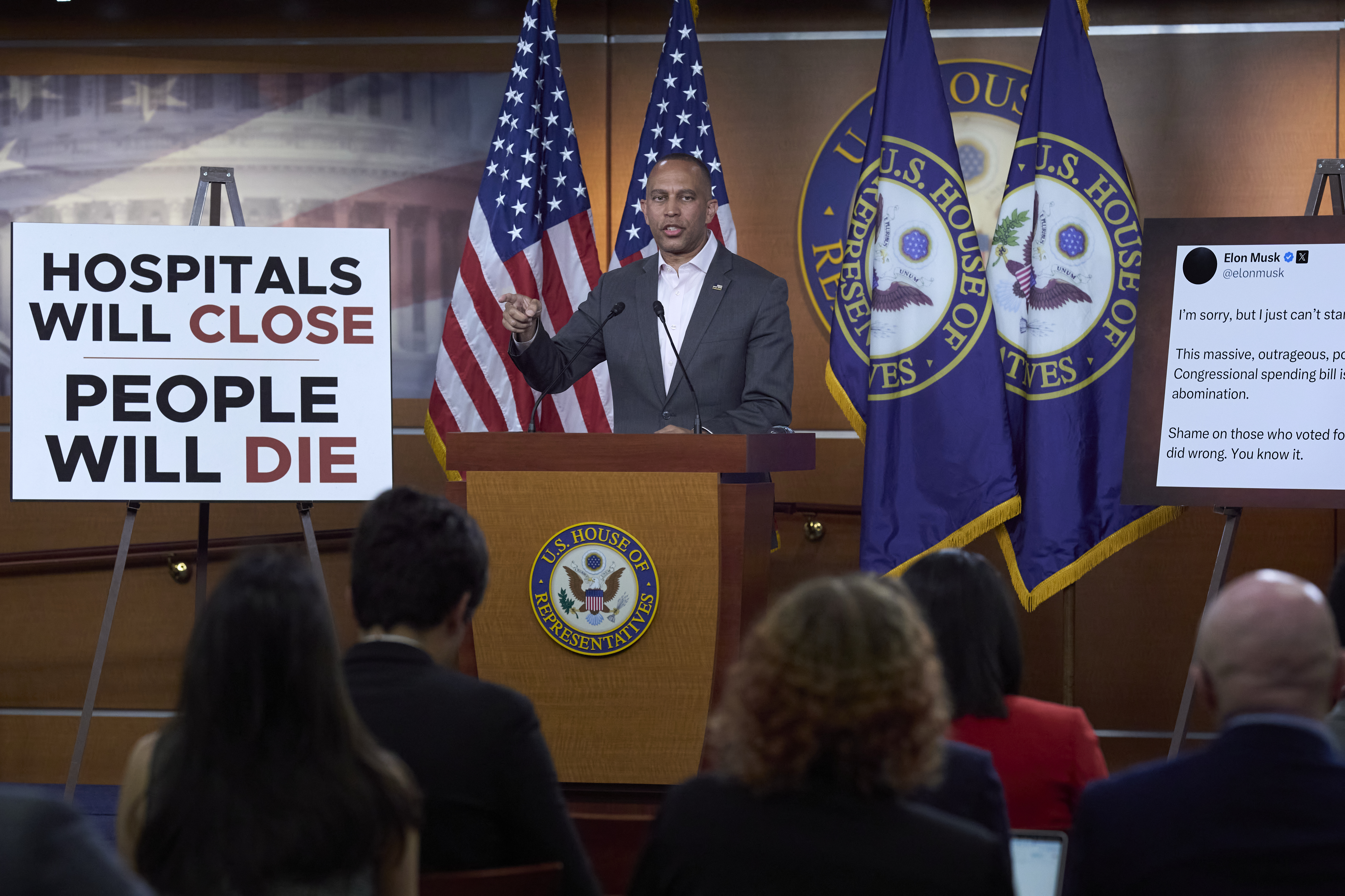 House Minority Leader Hakeem Jeffries, D-N.Y., tells reporters he agrees with Elon Musk's criticism of President Donald Trump's spending and tax bill, calling it a "disgusting abomination," during a news conference at the Capitol in Washington, Tuesday, June 3, 2025. (AP Photo/J. Scott Applewhite)