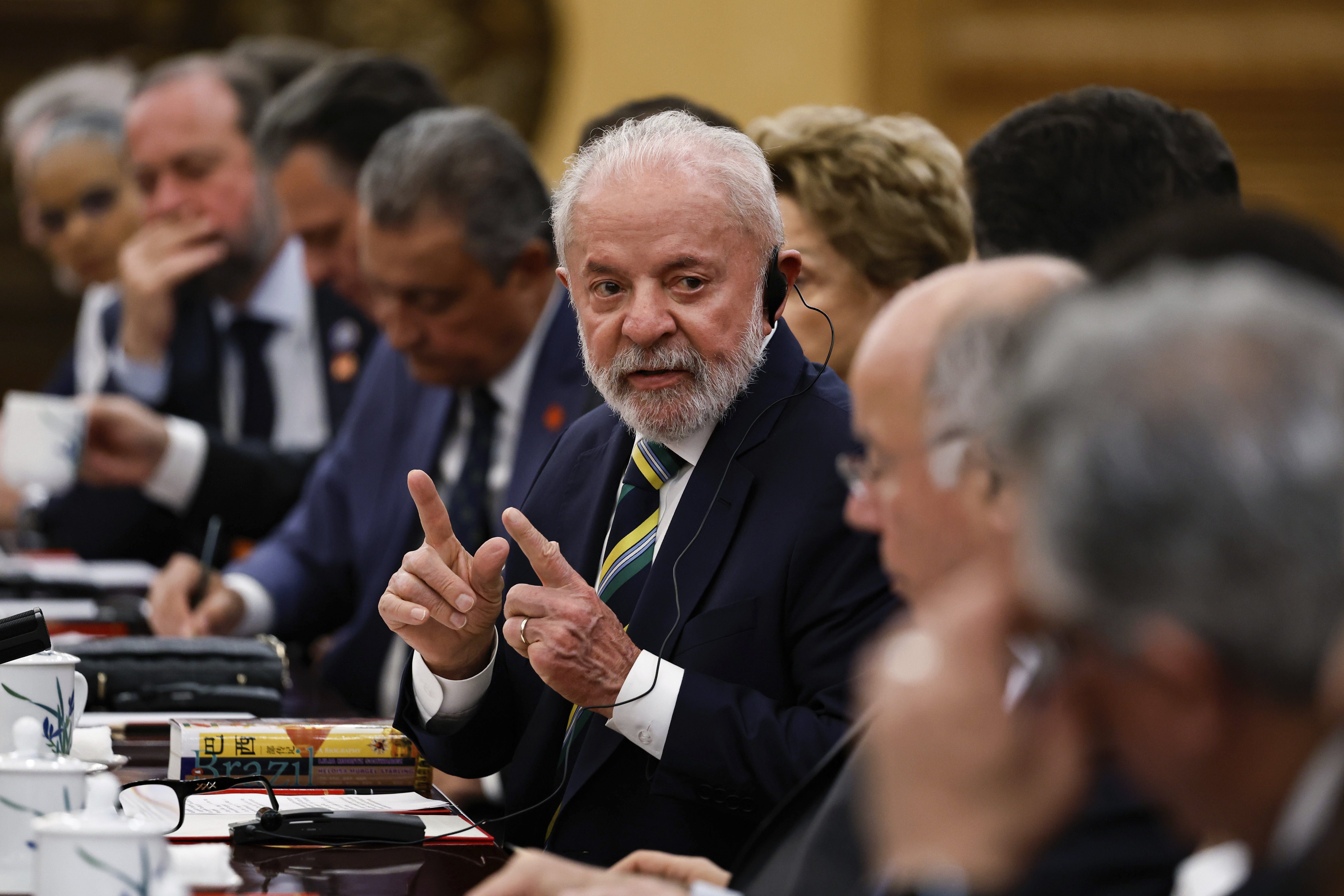 Brazil'sl President Luiz Inacio Lula da Silva attends a meeting with Chinese President Xi Jinping (not pictured) at the Great Hall of the People in Beijing, China, Tuesday, May 13, 2025. (Tingshu Wang/Pool Photo via AP)
