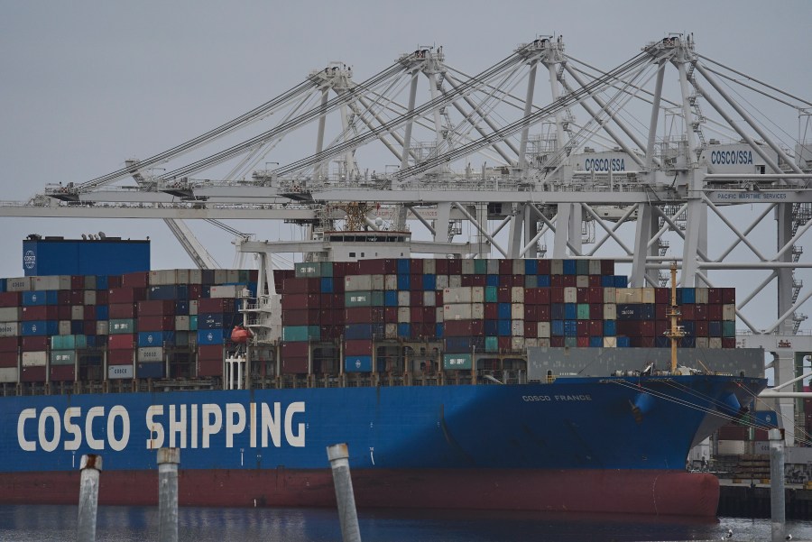 FILE -The "Cosco Shipping France" container ship is moored at the Long Beach Container Terminal, LBCT, at Middle Harbor in the Port of Long Beach, Calif., , April 15, 2025. (AP Photo/Damian Dovarganes, File)