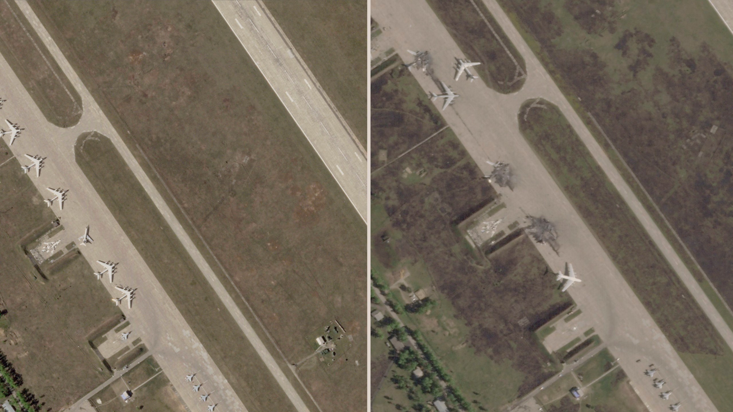 This photo combo from satellite images from Planet Labs PBC shows from left, the Belaya Air Base before a Ukrainian drone attack in the Irkutsk region of eastern Siberia in Russia captured on May 17, 2025 and damage after a Ukrainian drone attack captured on Wednesday, June 4, 2025. (Planet Labs PBC via AP)