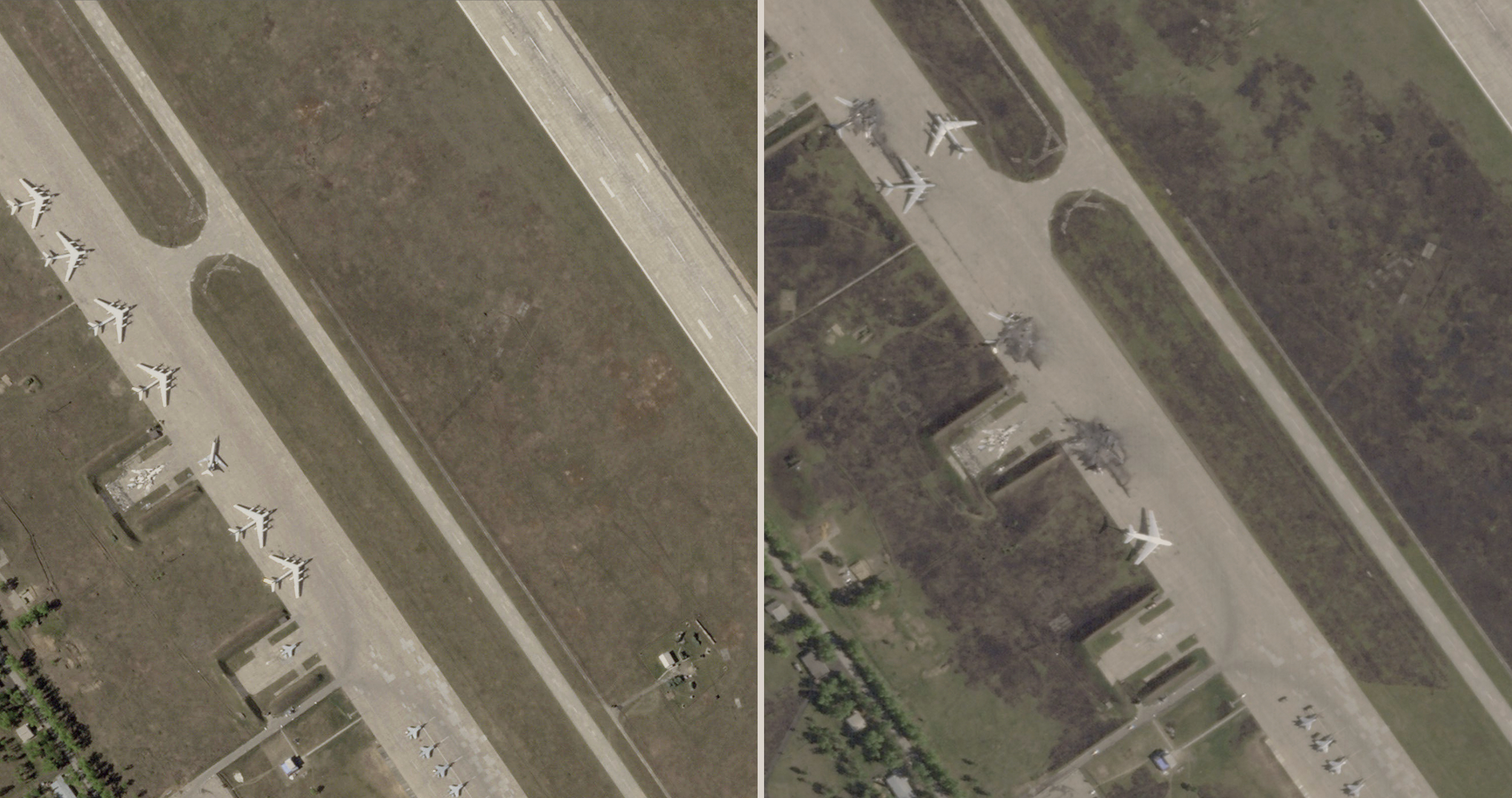 This photo combo from satellite images from Planet Labs PBC shows from left, the Belaya Air Base before a Ukrainian drone attack in the Irkutsk region of eastern Siberia in Russia captured on May 17, 2025 and damage after a Ukrainian drone attack captured on Wednesday, June 4, 2025. (Planet Labs PBC via AP)