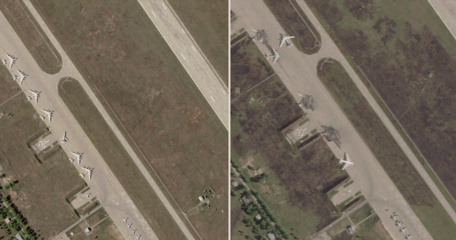 This photo combo from satellite images from Planet Labs PBC shows from left, the Belaya Air Base before a Ukrainian drone attack in the Irkutsk region of eastern Siberia in Russia captured on May 17, 2025 and damage after a Ukrainian drone attack captured on Wednesday, June 4, 2025. (Planet Labs PBC via AP)