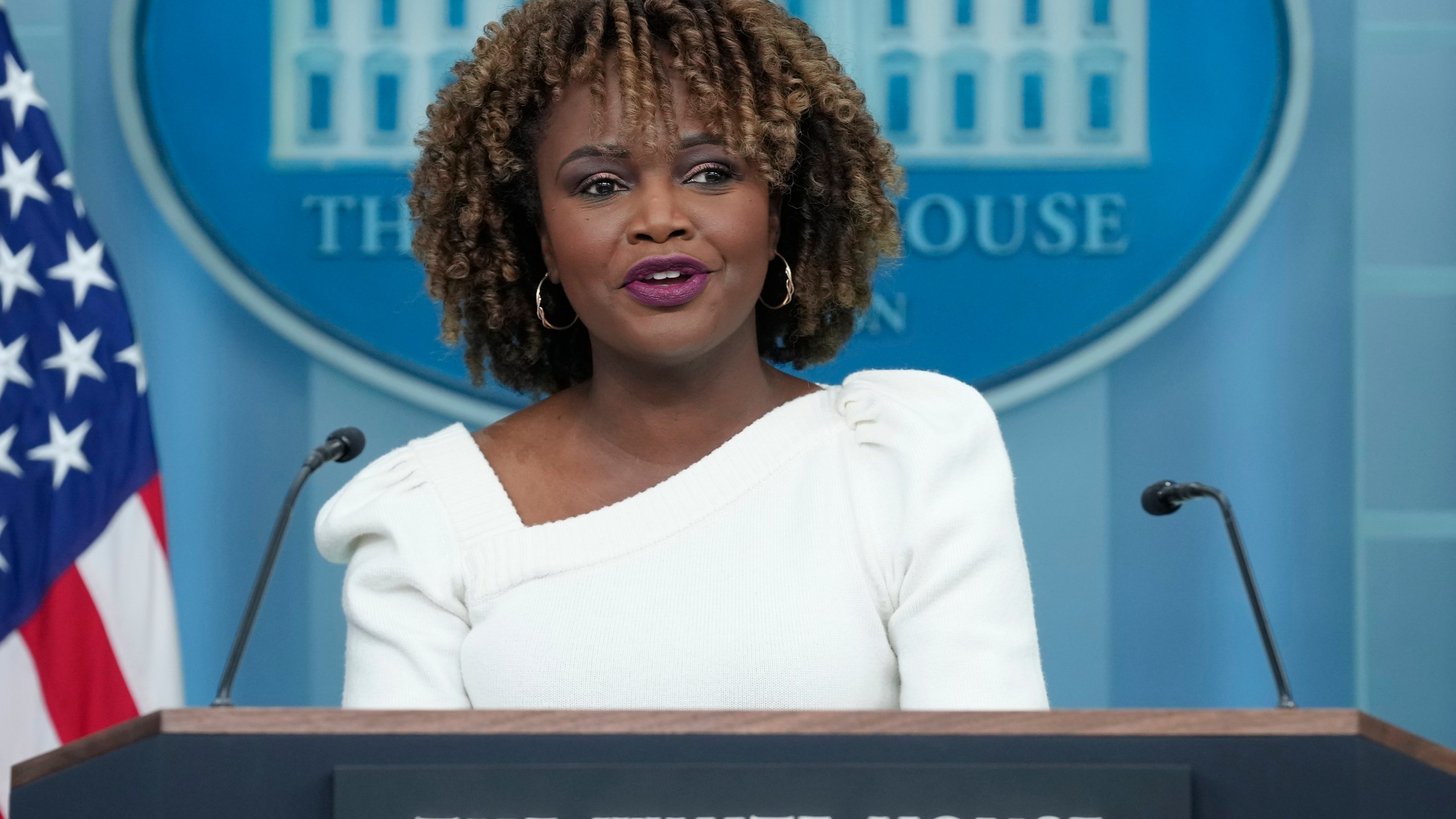 FILE - White House press secretary Karine Jean-Pierre speaks during the daily briefing at the White House in Washington, Wednesday, Nov. 13, 2024. (AP Photo/Susan Walsh, File)