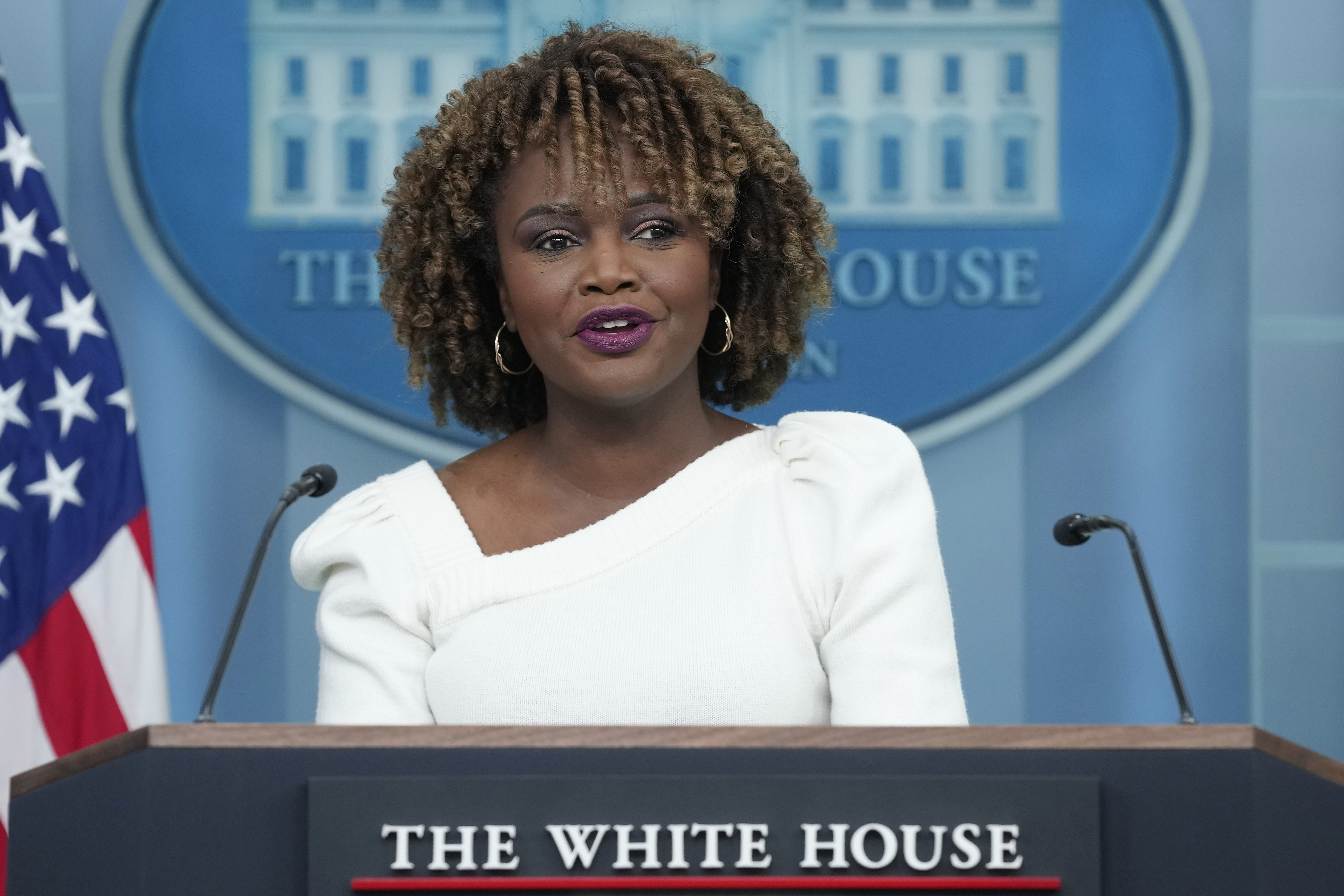 FILE - White House press secretary Karine Jean-Pierre speaks during the daily briefing at the White House in Washington, Wednesday, Nov. 13, 2024. (AP Photo/Susan Walsh, File)