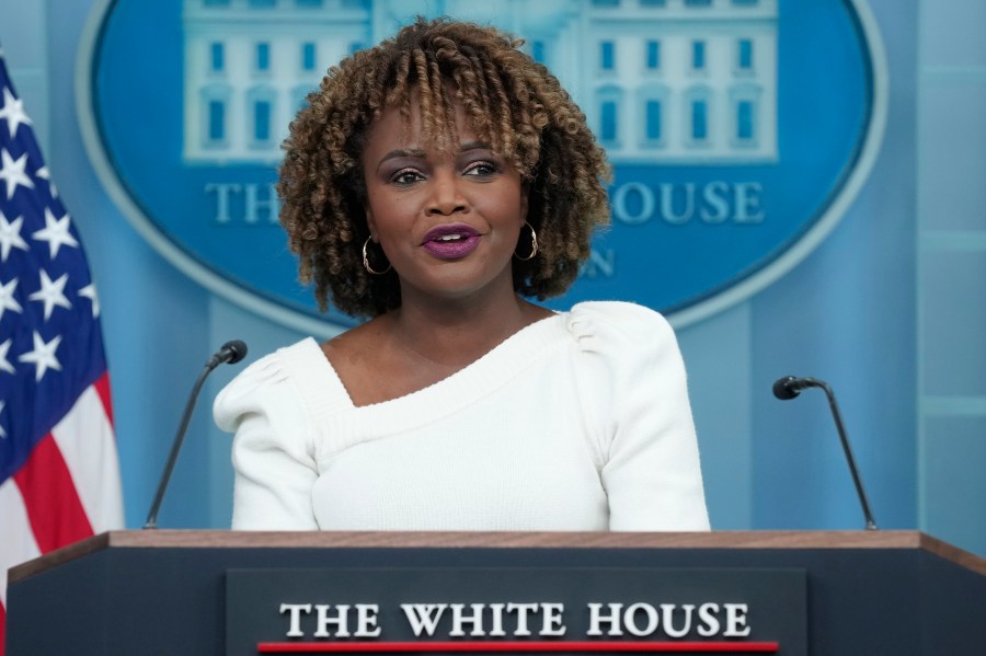 FILE - White House press secretary Karine Jean-Pierre speaks during the daily briefing at the White House in Washington, Wednesday, Nov. 13, 2024. (AP Photo/Susan Walsh, File)