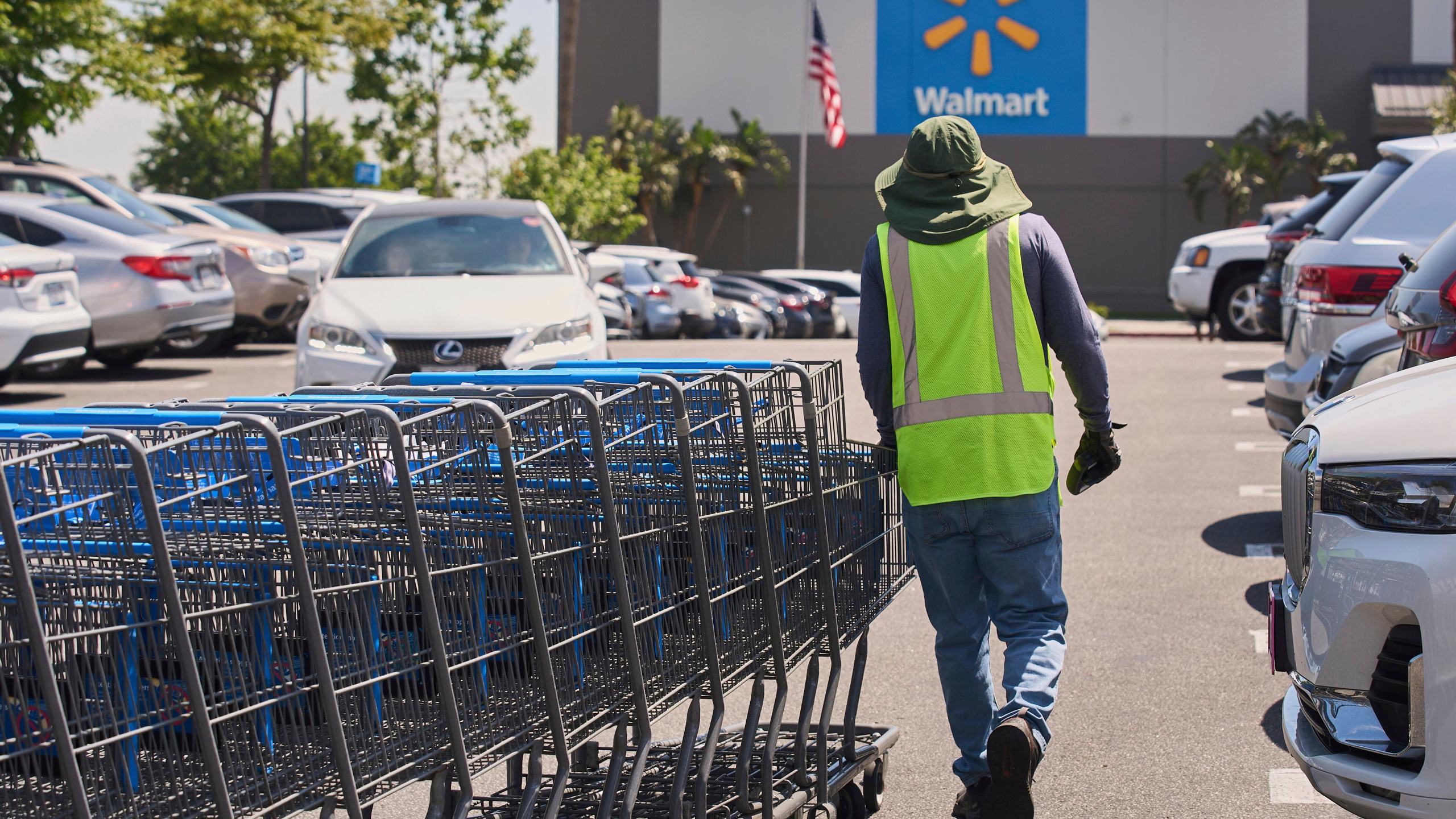 FILE - Empty shopping carts are collected from the parking lot at Walmart store in Burbank, Calif., on Thursday, April 10, 2025. (AP Photo/Damian Dovarganes, File)