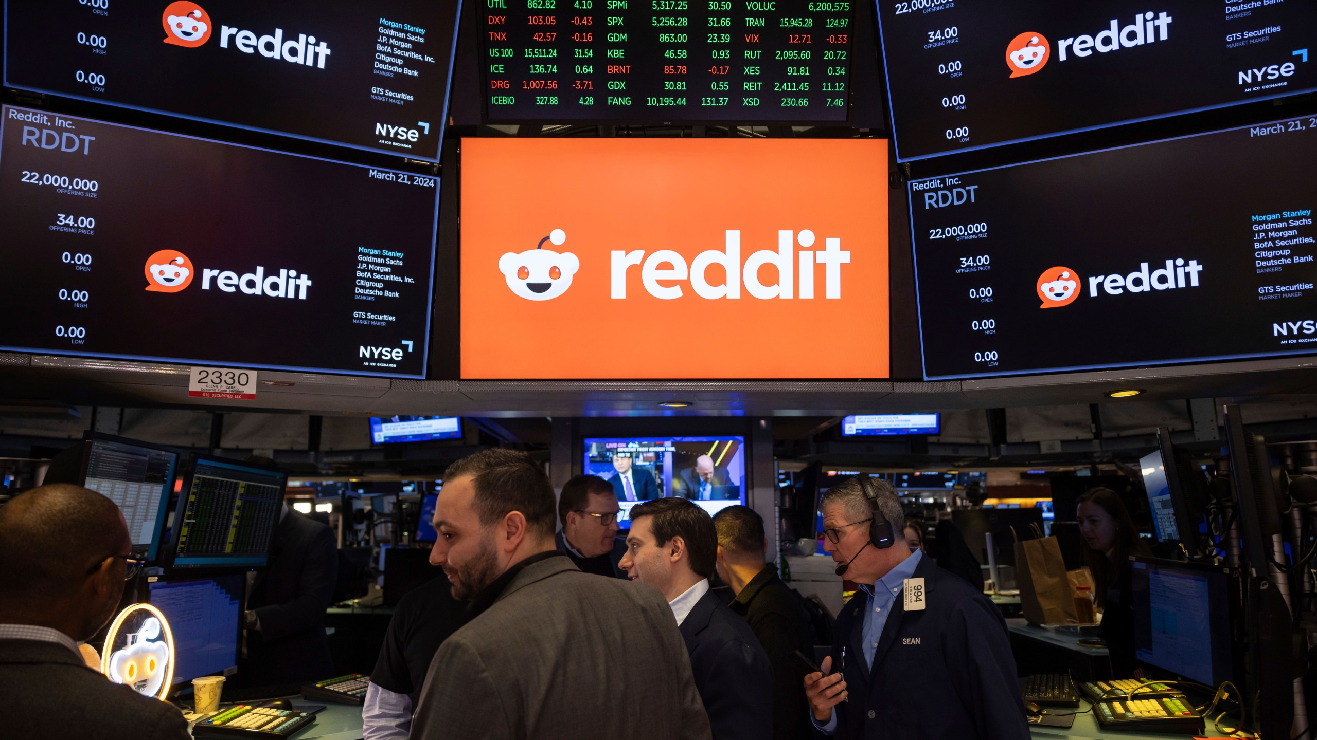 FILE - Reddit Inc. signage is seen on the New York Stock Exchange trading floor, prior to Reddit IPO, Thursday, March. 21, 2024. v(AP Photo/Yuki Iwamura, File)