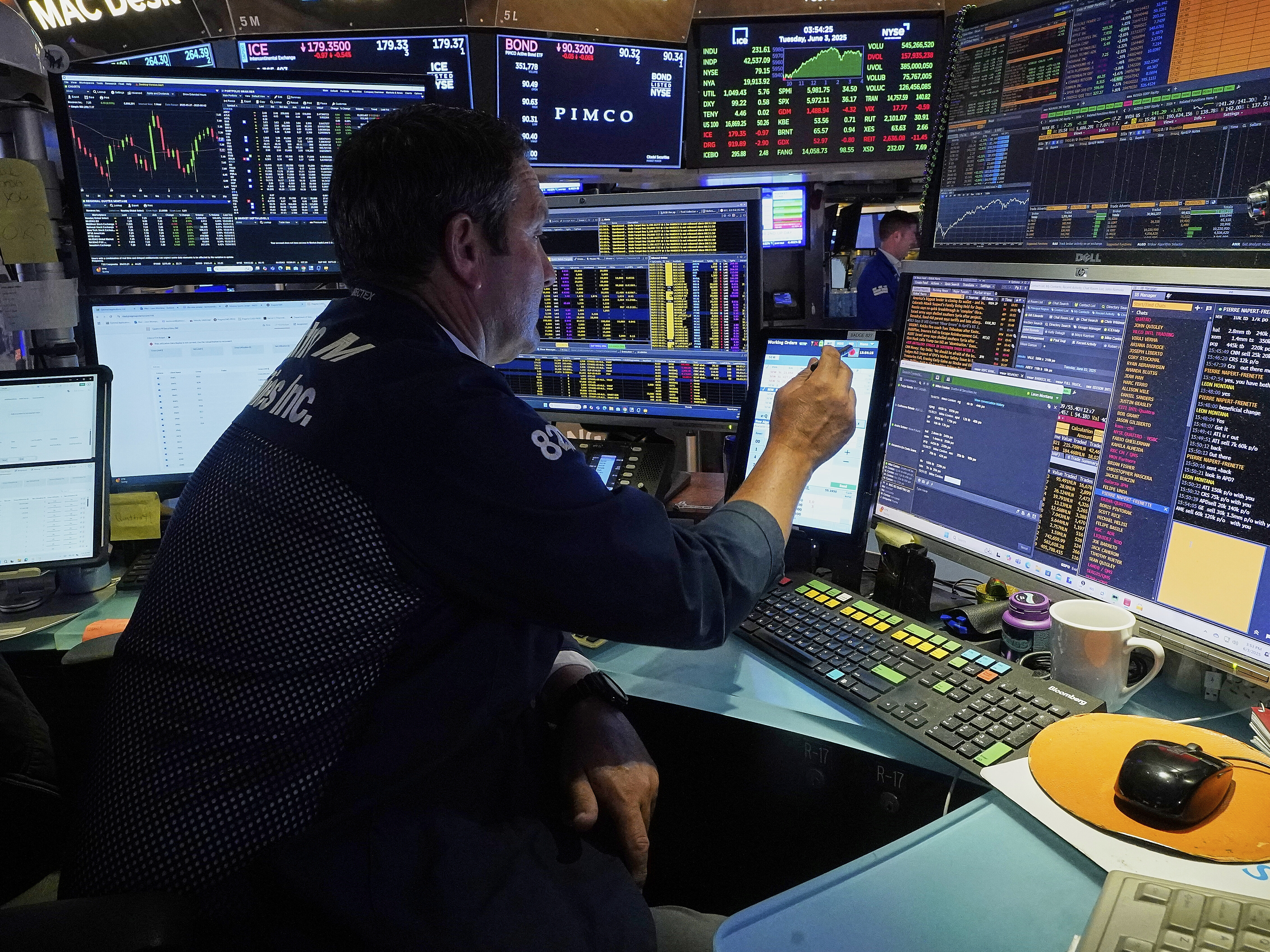 Trader Leon Montana works on the floor of the New York Stock Exchange, Tuesday, June 3, 2025. (AP Photo/Richard Drew)