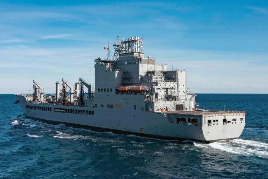 In this image provided by the U.S. Navy, the John Lewis-class replenishment oiler USNS Harvey Milk (T-AO-206) conducts a replenishment at sea in the Atlantic Ocean, Dec. 13, 2024. (Mass Communication Specialist 2nd Class Maxwell Orlosky/U.S. Navy via AP))
