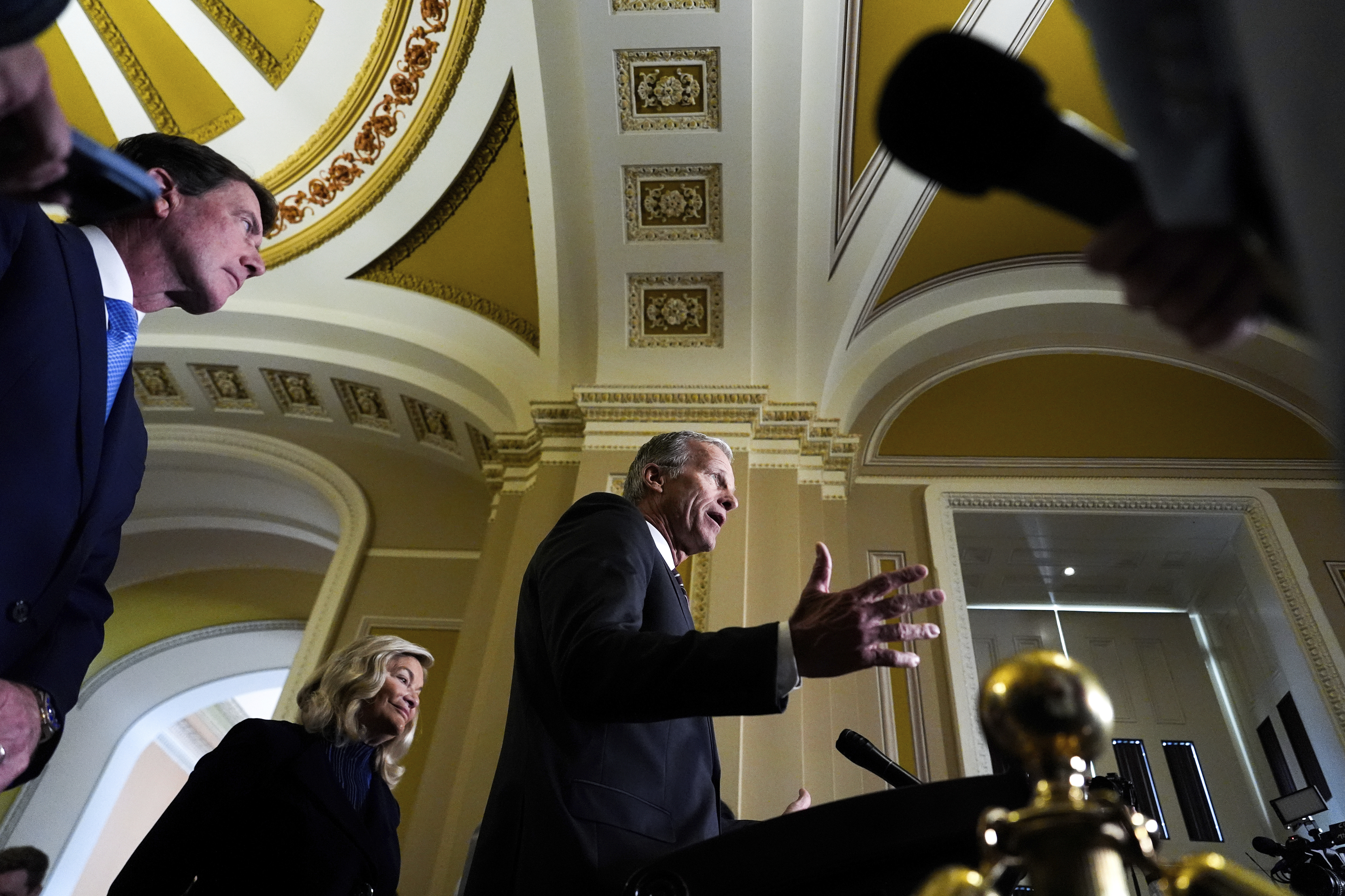 Senate Majority Leader John Thune, R-S.D., speaks to reporters at the U.S. Capitol, Tuesday, May 20, 2025, in Washington. (AP Photo/Julia Demaree Nikhinson)