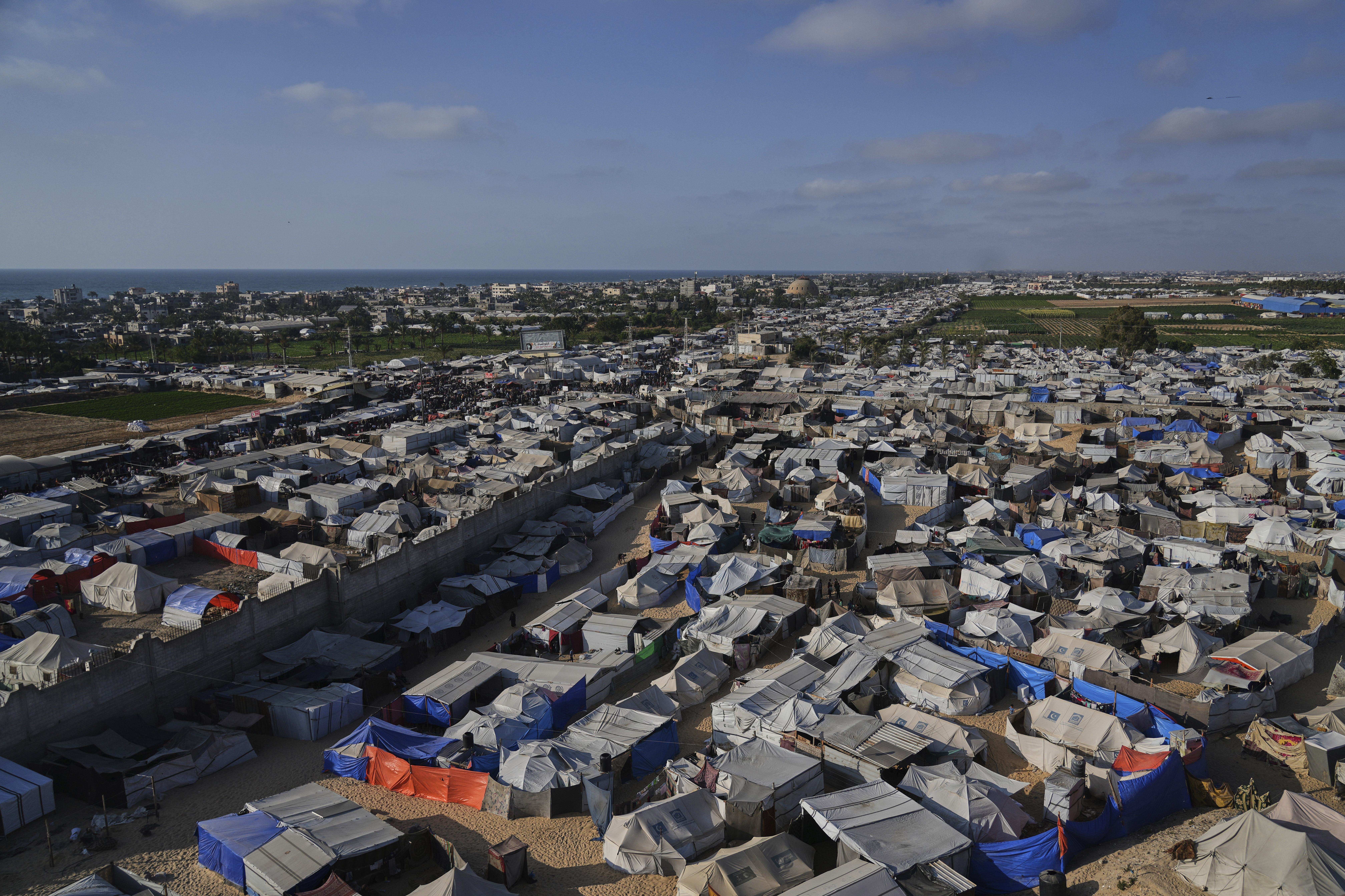 A view of a makeshift tent camp for displaced Palestinians in Khan Younis, Gaza on Wednesday, June 4, 2025. (AP Photo/Abdel Kareem Hana)