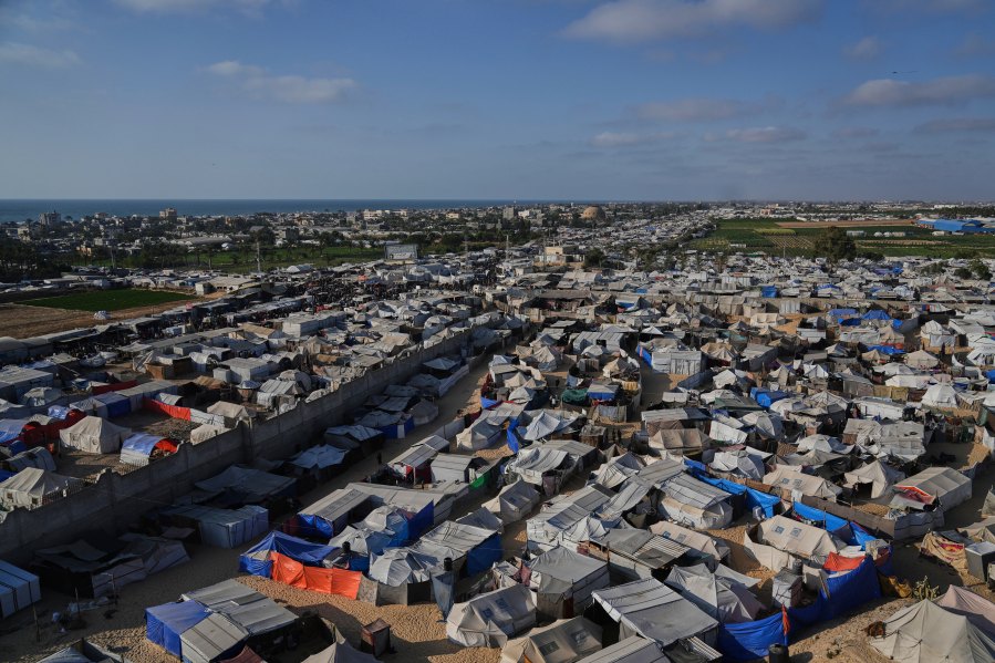 A view of a makeshift tent camp for displaced Palestinians in Khan Younis, Gaza on Wednesday, June 4, 2025. (AP Photo/Abdel Kareem Hana)