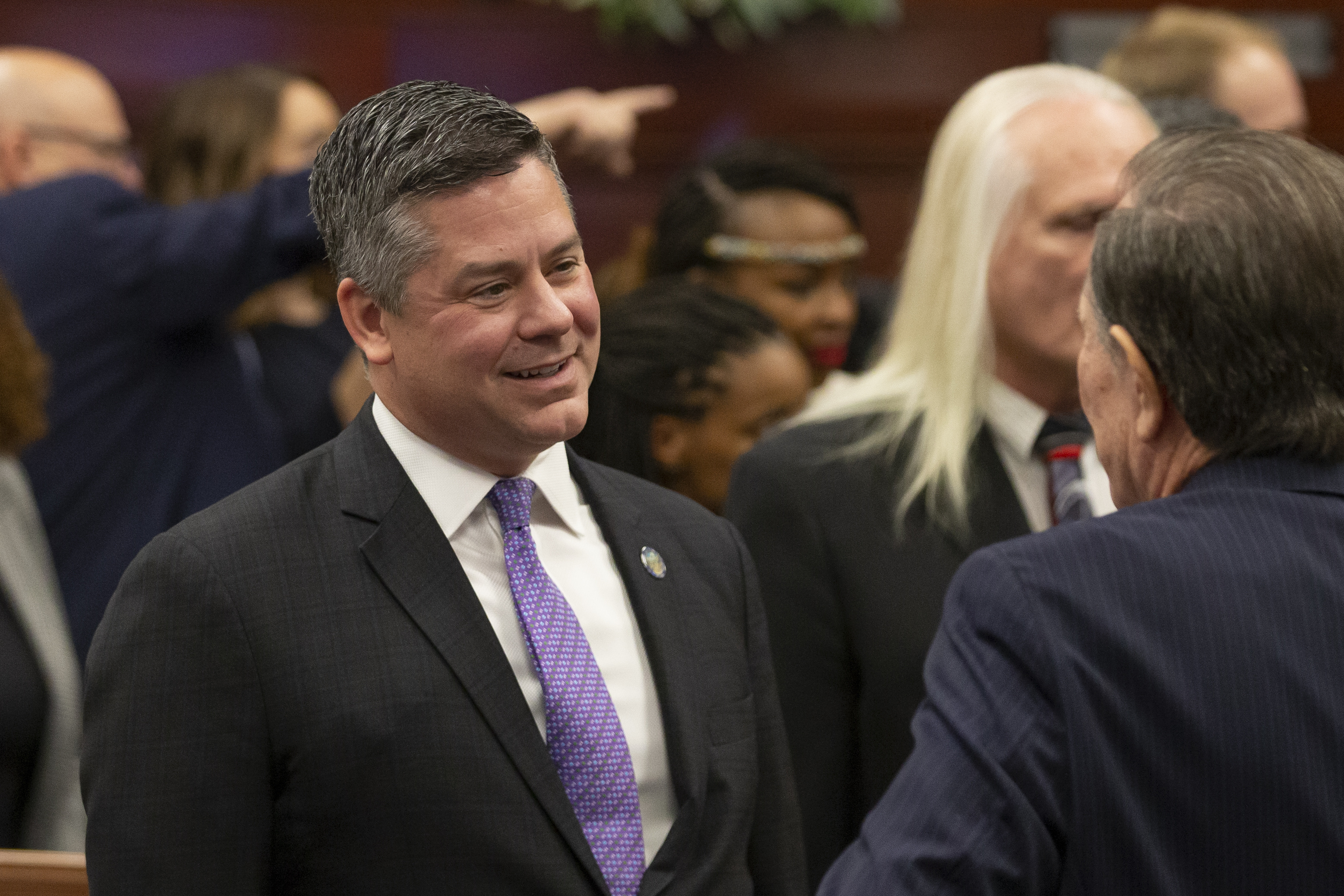 FILE - Nevada Assembly Speaker Steve Yeager talks with lawmakers during the opening of the 82nd Session of the Nevada Legislature from the Assembly Chambers of the Nevada Legislature in Carson City, Nev., Feb. 6, 2023. (AP Photo/Tom R. Smedes, file)
