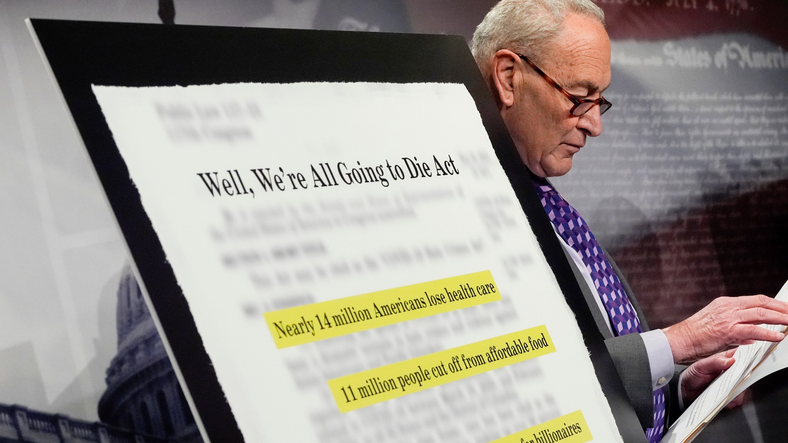 Senate Minority Leader Chuck Schumer, D-N.Y., attends a news conference on President Donald Trump's spending and tax bill, Wednesday, June 4, 2025, at the U.S. Capitol in Washington. (AP Photo/Julia Demaree Nikhinson)