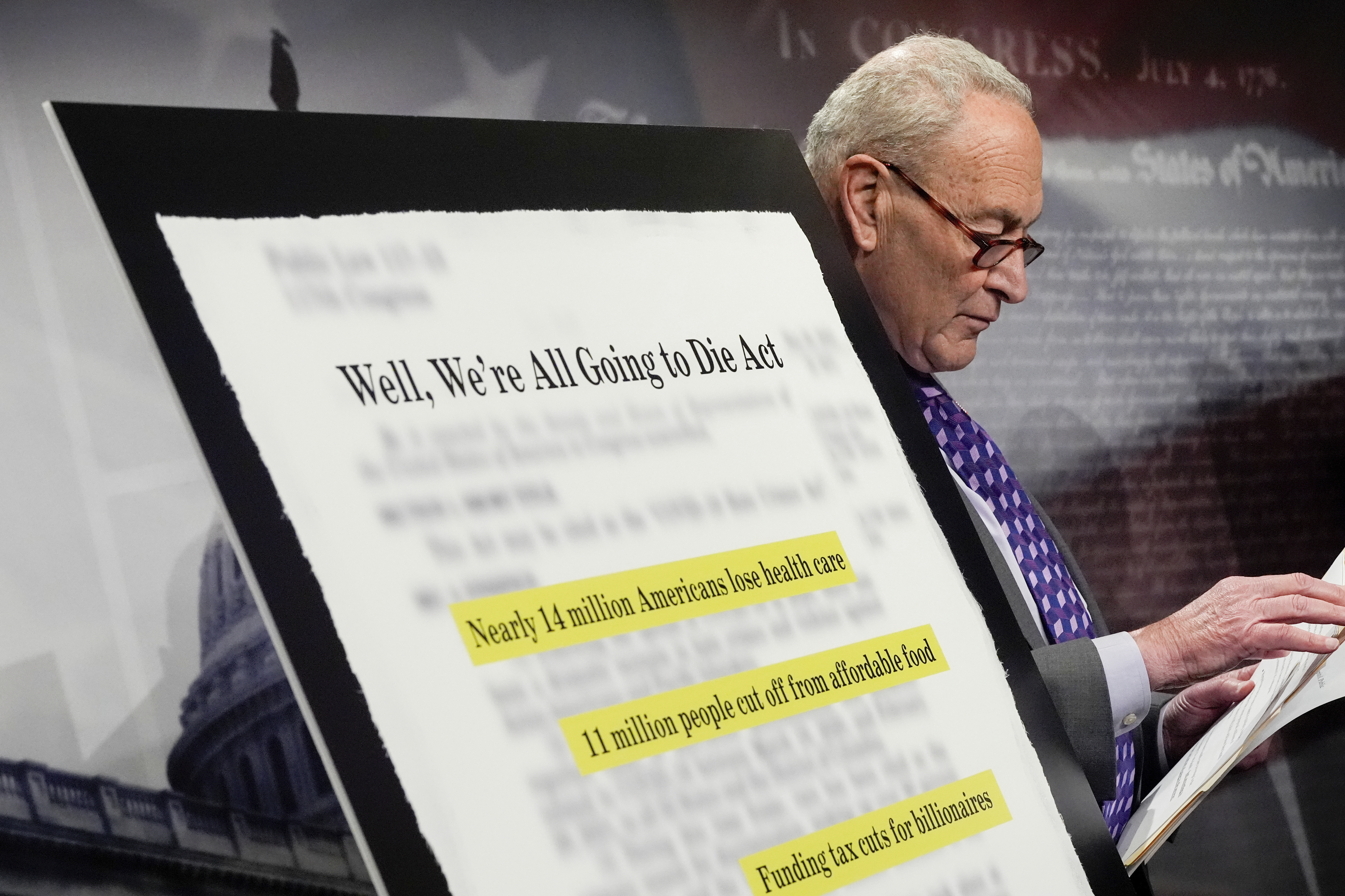 Senate Minority Leader Chuck Schumer, D-N.Y., attends a news conference on President Donald Trump's spending and tax bill, Wednesday, June 4, 2025, at the U.S. Capitol in Washington. (AP Photo/Julia Demaree Nikhinson)