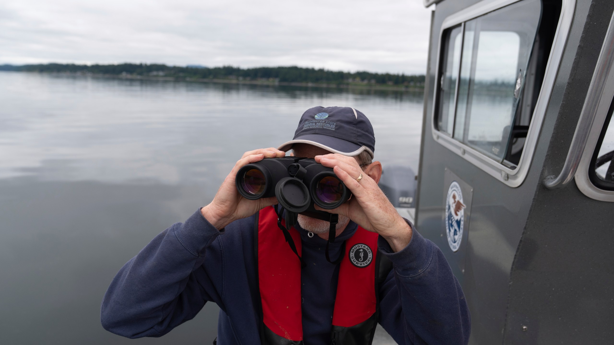 Washington Department of Natural Resources' Lowell Dickson watches as a helicopter moves an abandoned ship on Wednesday, June 4, 2025, in Olympia, Wash. (AP Photo/Jenny Kane)