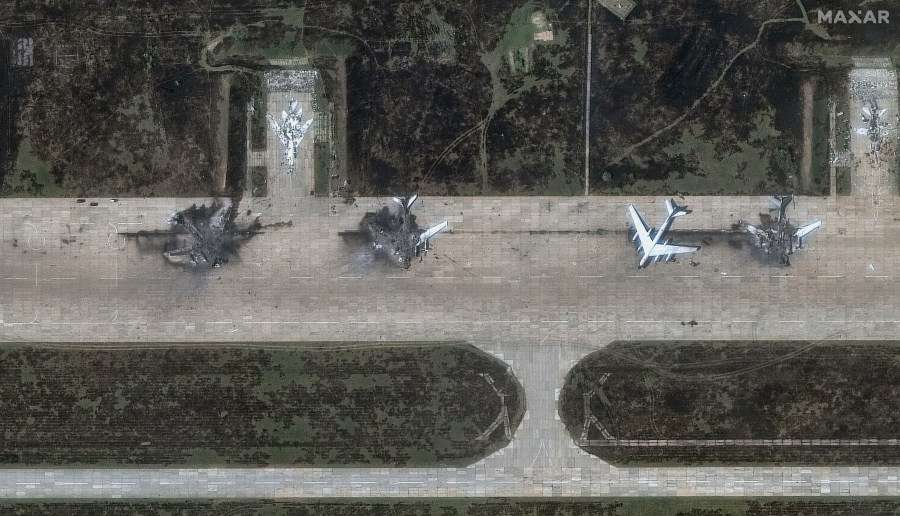 FILE - This satellite image provided by Maxar Technologies shows damage from a Ukrainian drone attack at the Belaya Air Base in the Irkutsk region of eastern Siberia, Russia, on Wednesday, June 4, 2025. (Maxar Technologies via AP, File)