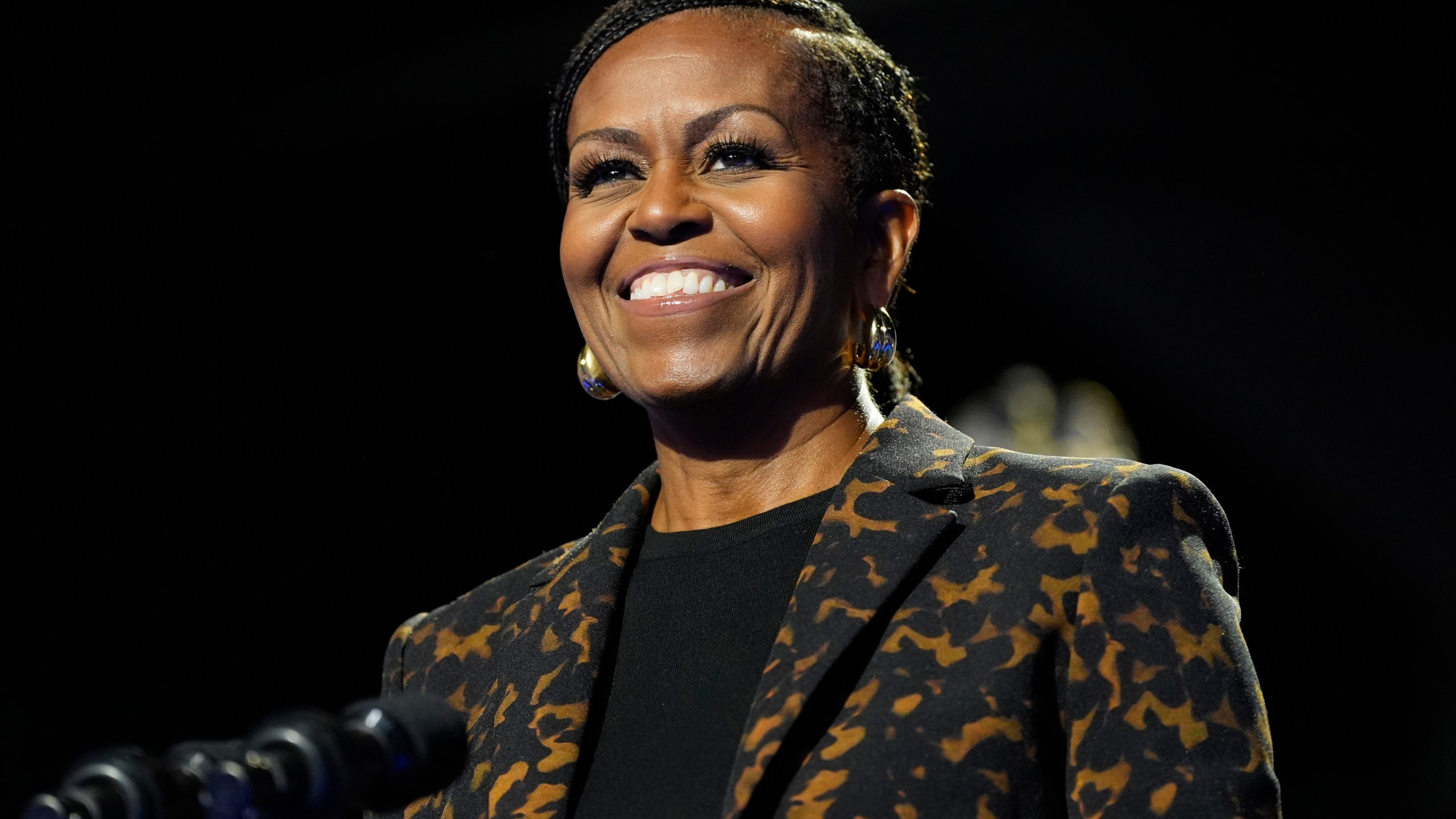 FILE - Former first lady Michelle Obama speaks at a campaign rally for democratic presidential nominee Vice President Kamala Harris in Kalamazoo, Mich., on Oct. 26, 2024. (AP Photo/Jacquelyn Martin, File)