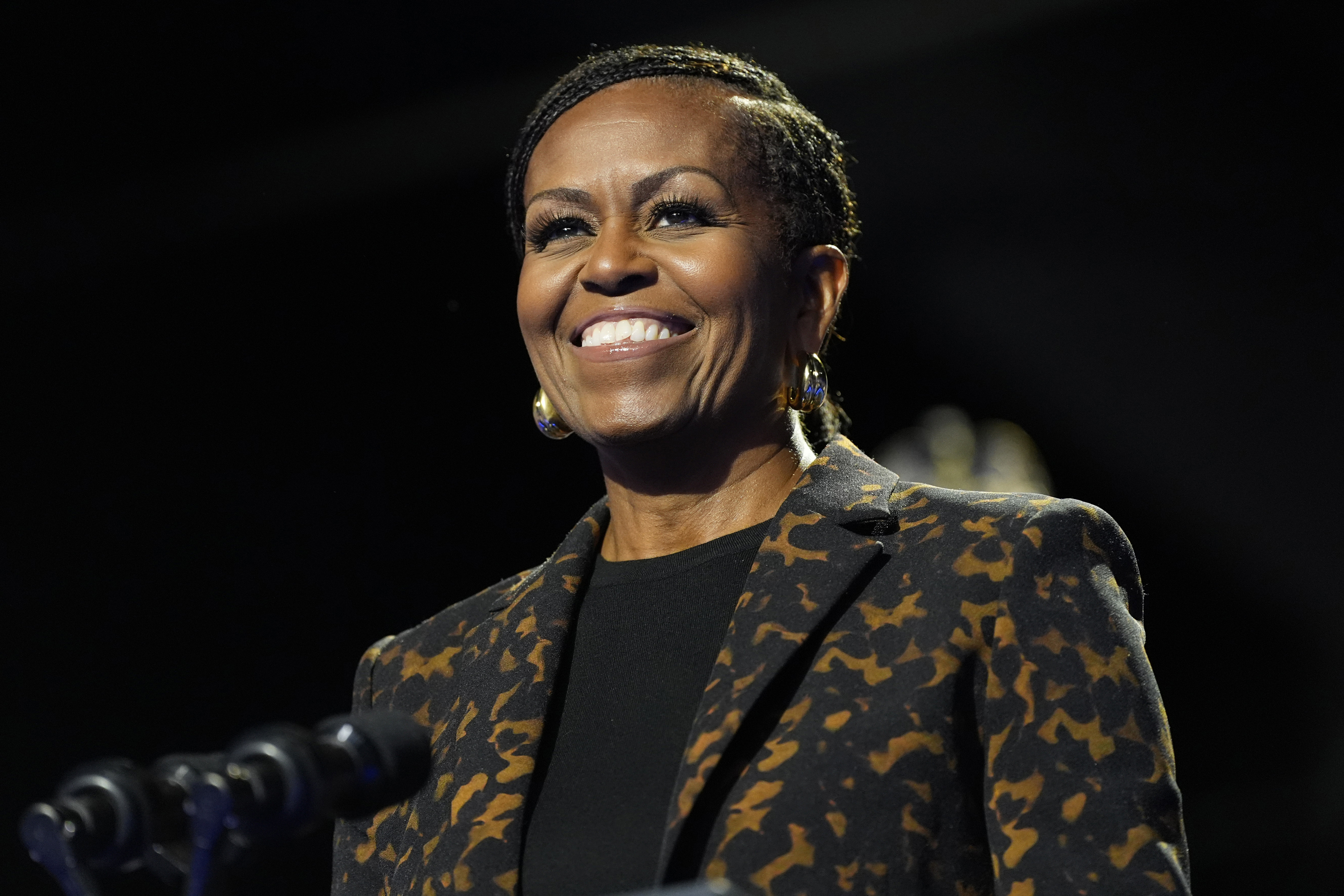 FILE - Former first lady Michelle Obama speaks at a campaign rally for democratic presidential nominee Vice President Kamala Harris in Kalamazoo, Mich., on Oct. 26, 2024. (AP Photo/Jacquelyn Martin, File)