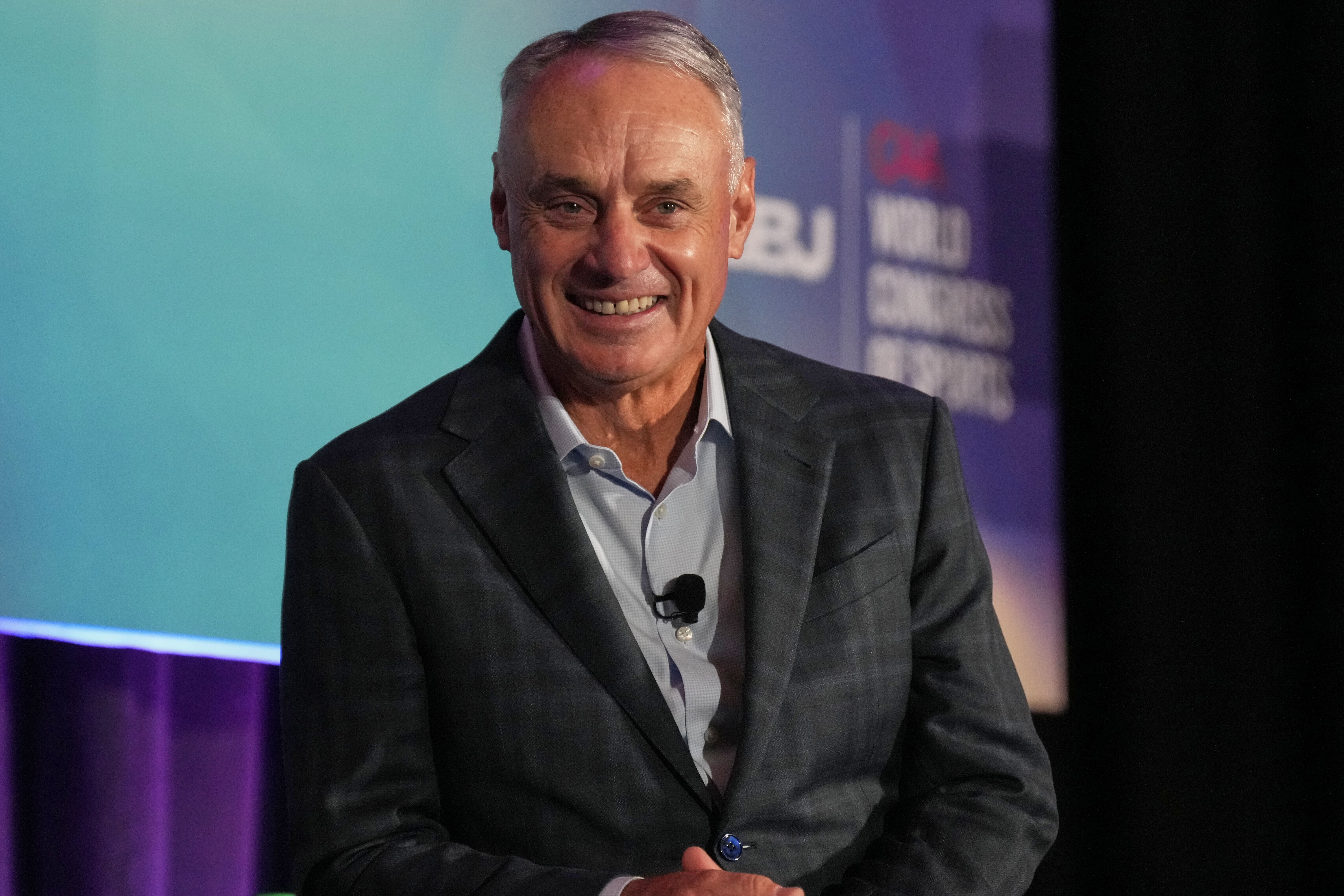 FILE - MLB Commissioner Rob Manfred speaks at the SBJ CAA World Congress of Sport, April 22, 2025, in Nashville, Tenn. (AP Photo/George Walker IV, File)