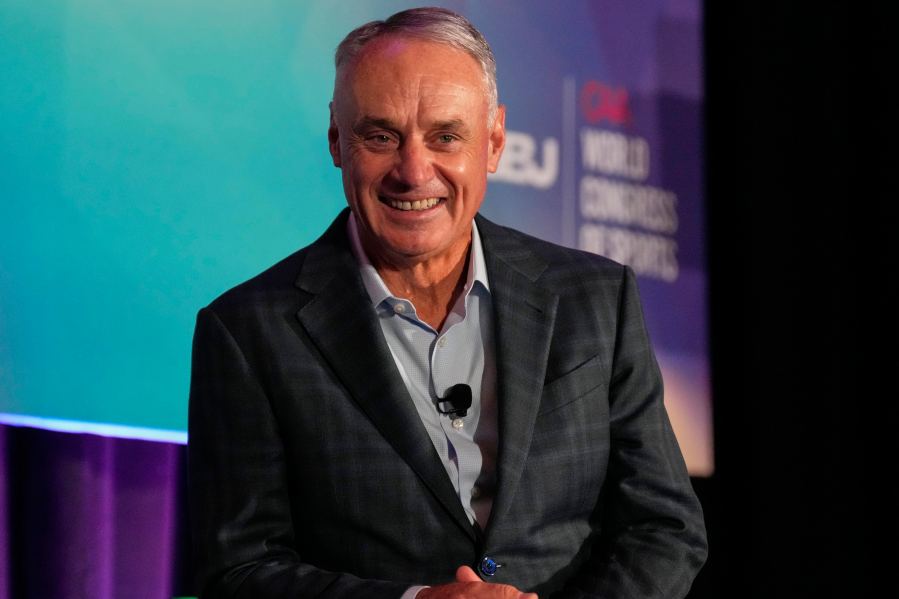 FILE - MLB Commissioner Rob Manfred speaks at the SBJ CAA World Congress of Sport, April 22, 2025, in Nashville, Tenn. (AP Photo/George Walker IV, File)