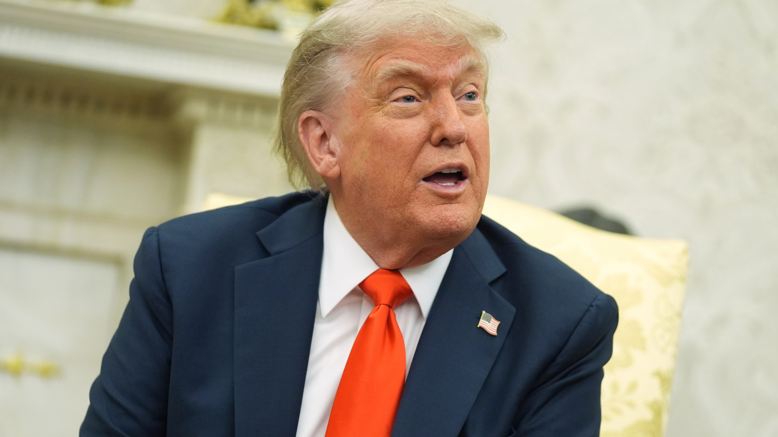 President Donald Trump speaks during a meeting with Germany's Chancellor Friedrich Merz in the Oval Office of the White House, Thursday, June 5, 2025, in Washington. (AP Photo/Evan Vucci)