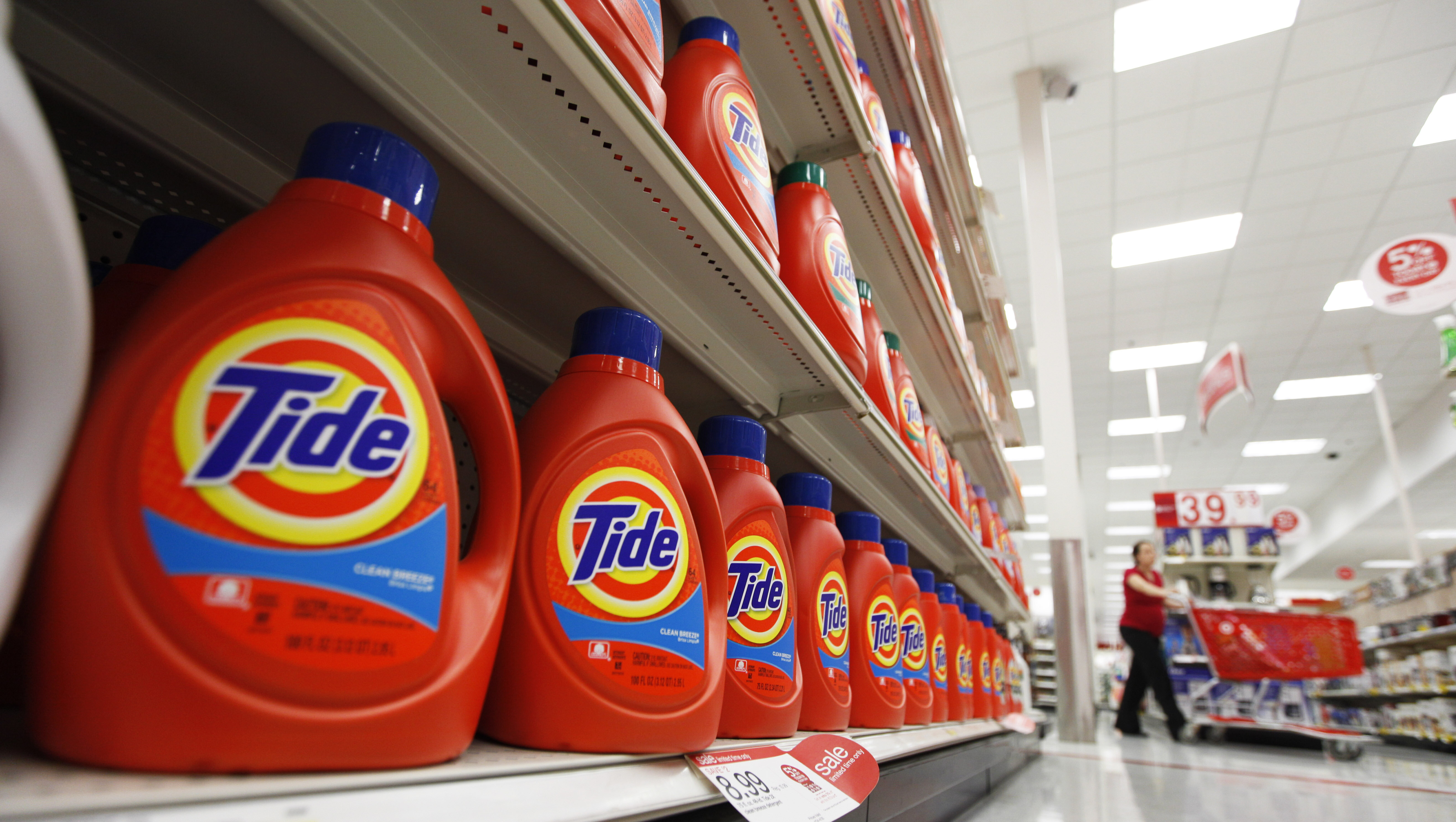 FILE - In this April 27, 2011 file photo, bottles of Procter & Gamble's Tide detergent are on display at a Target store in Richmond, Va. (AP Photo/Steve Helber, File)