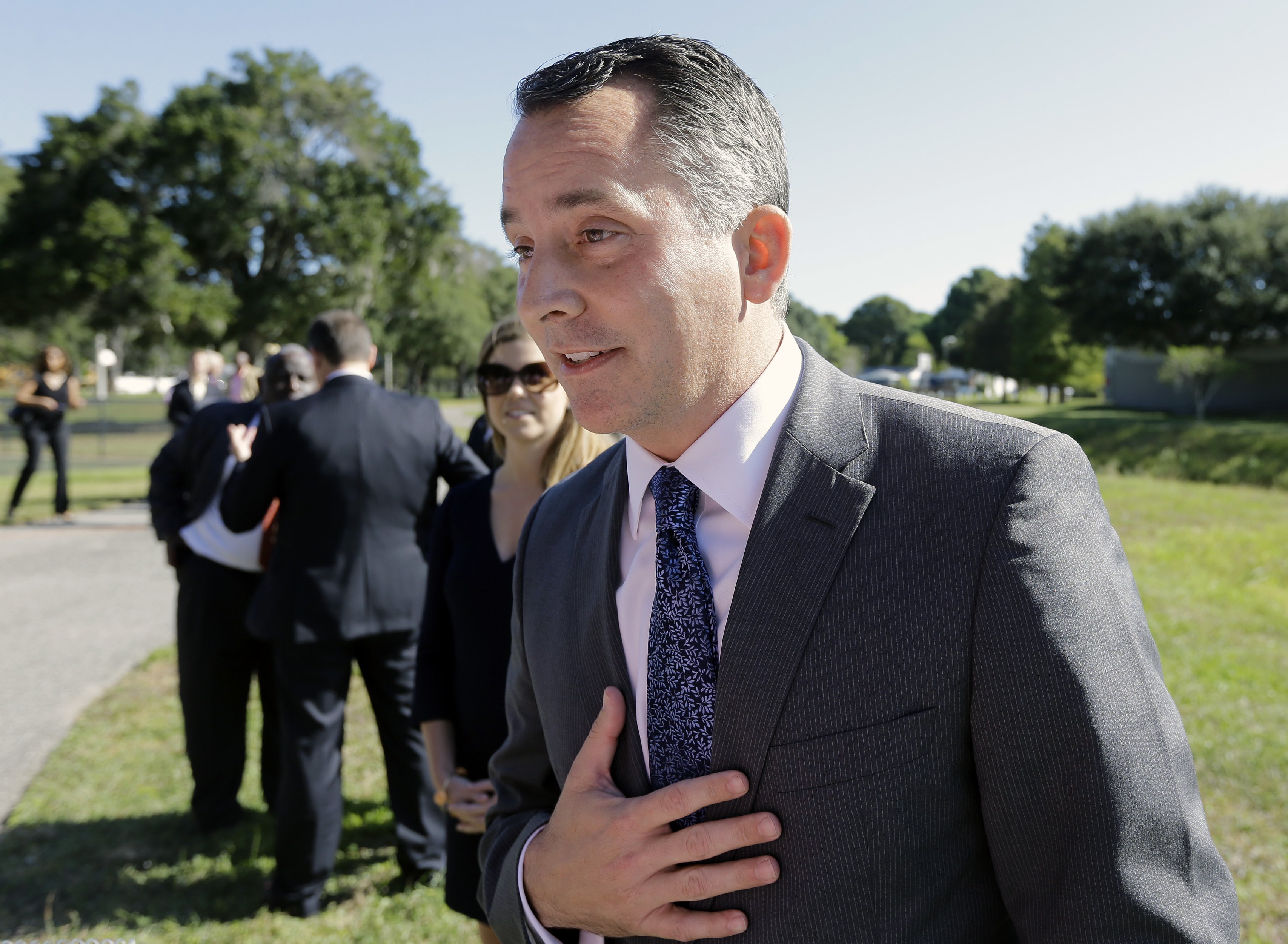 FILE - In this Oct. 20, 2015 photo, then-U.S. Rep. David Jolly speaks to media after showing up at a news conference for former Florida Gov. Charlie Crist in St. Petersburg, Fla. (AP Photo/Chris O'Meara, file)